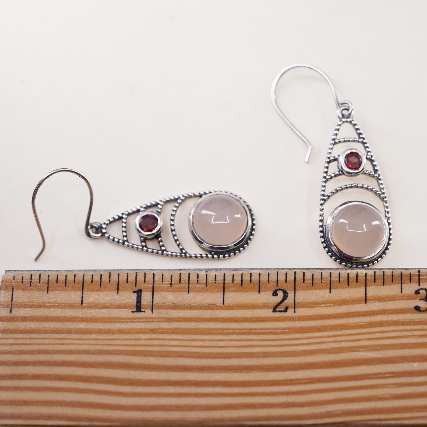 Vintage Sterling 925 silver handmade earrings with pink quartz and garnet