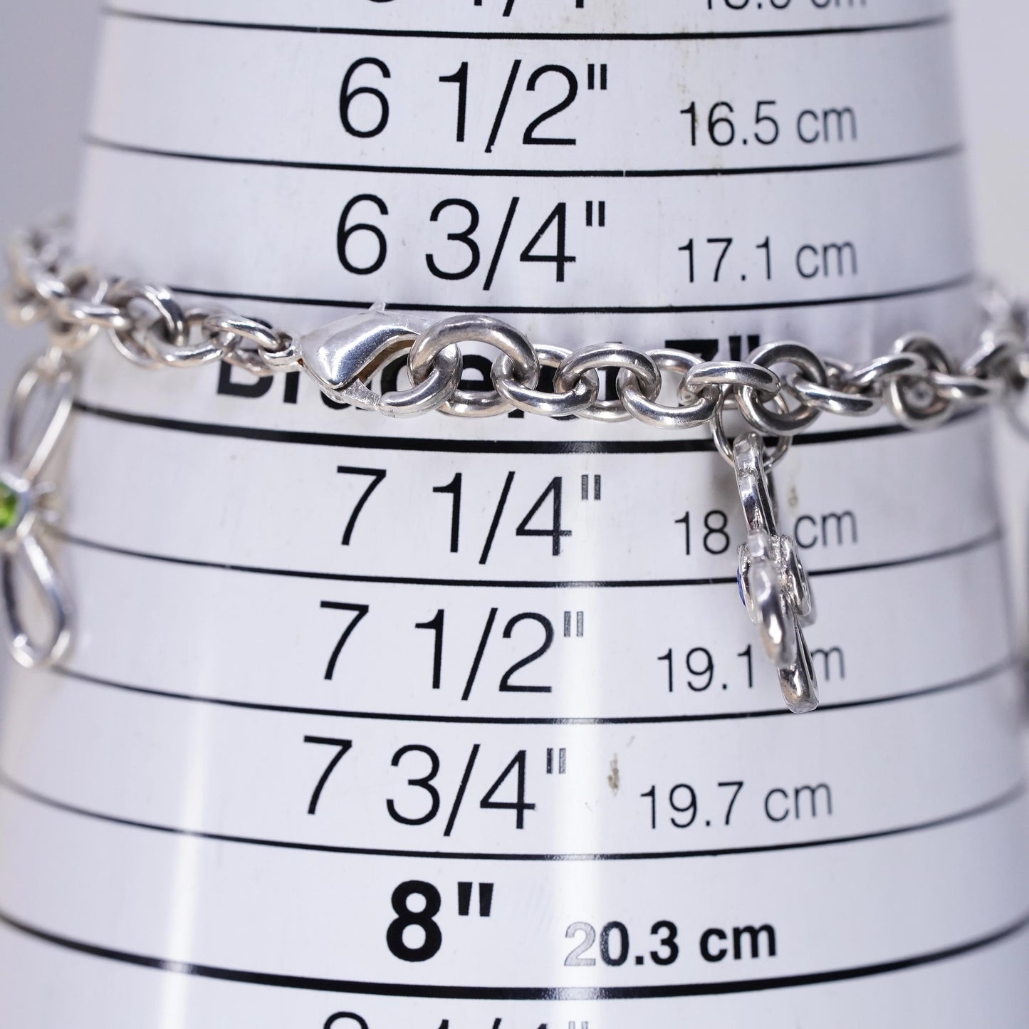 6.75”, Vintage sterling 925 silver circle bracelet with flower moon star charms