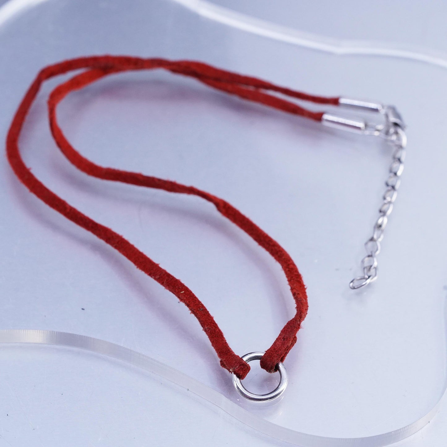 16+2", vintage Sterling 925 silver red leather chain necklace circle pendant