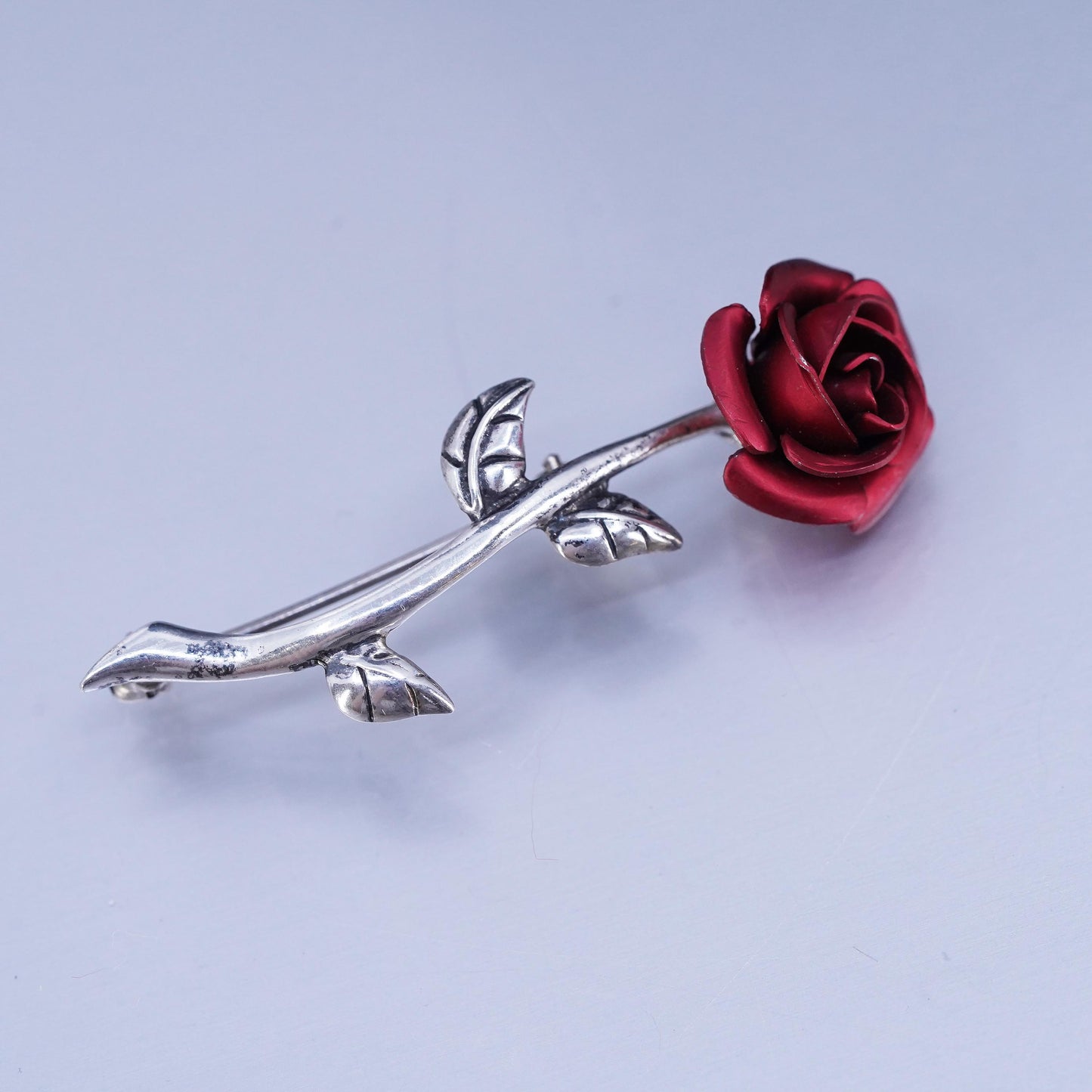Vintage sterling silver handmade brooch, 925 rose flower pin