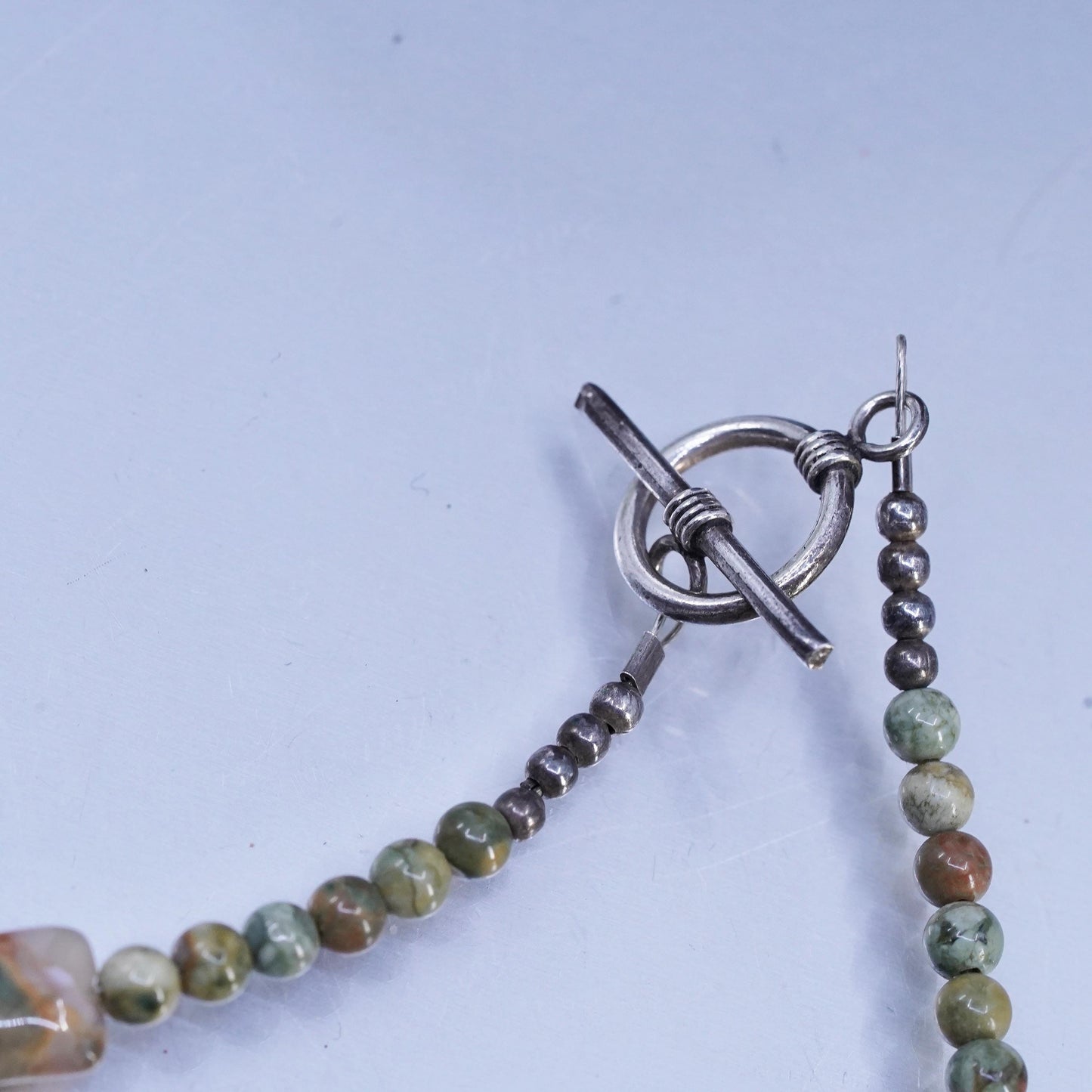 22” Sterling 925 Silver rainforest jasper beads necklace with teardrop pendant