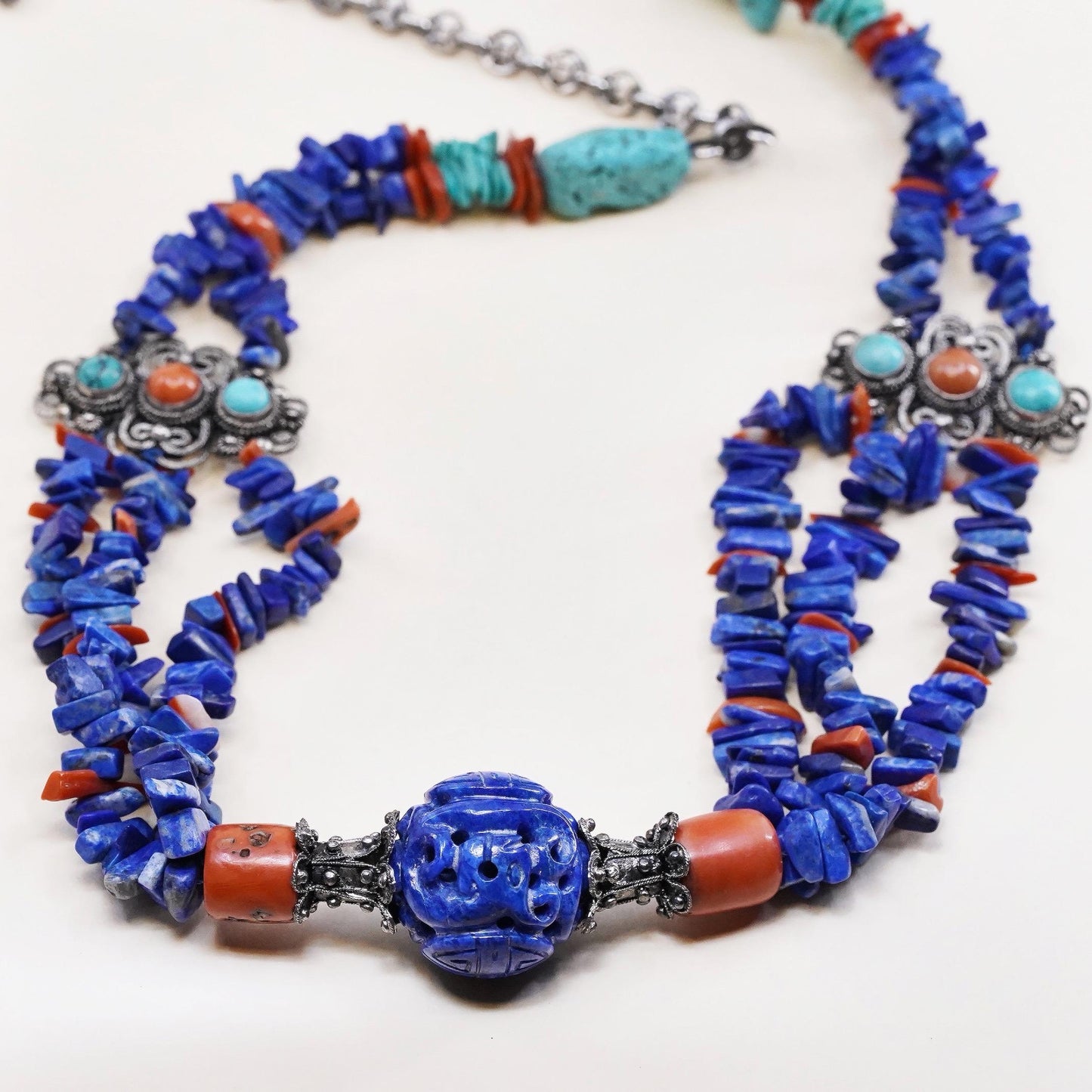 24", Native American Sterling Silver 925 Lapis Lazuli Turquoise Coral Necklace