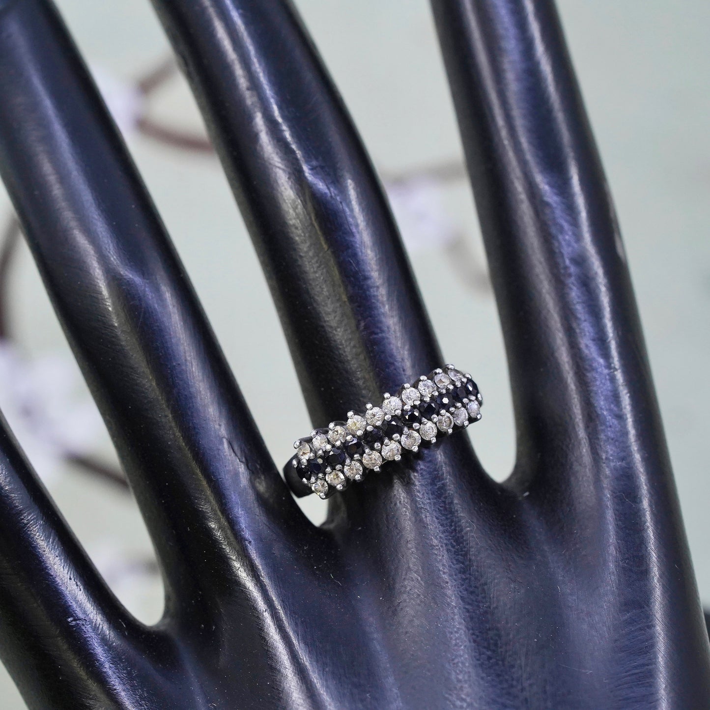 Size 8, Sterling 925 silver ring with cluster sapphire and cz, statement band
