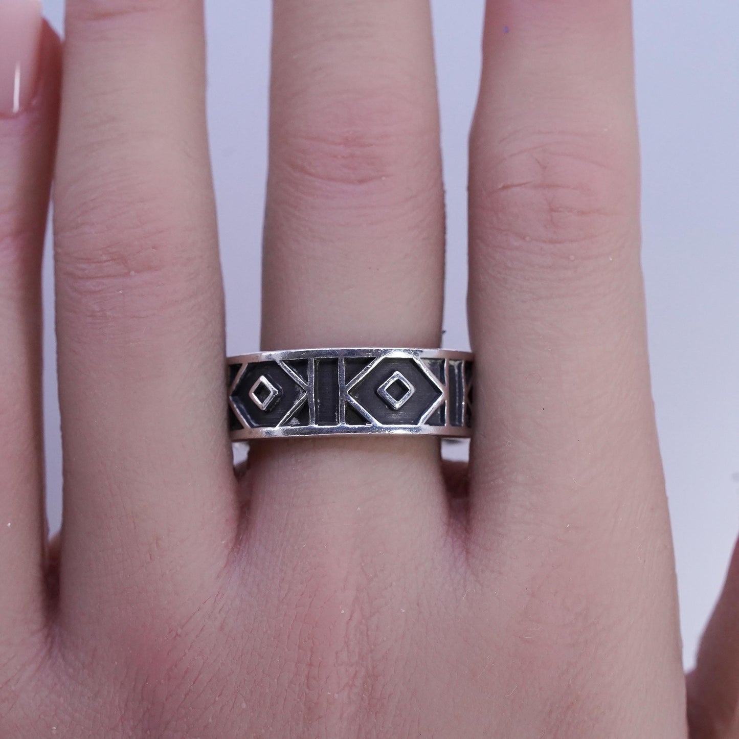 SZ 12.5, Vintage Mexican Oxidized Sterling Silver Geometric Band Ring Modernist
