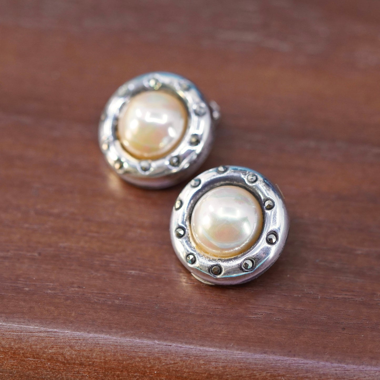 Italy Giorgio Armani Sterling silver clip on, 925 earrings with pearl marcasite