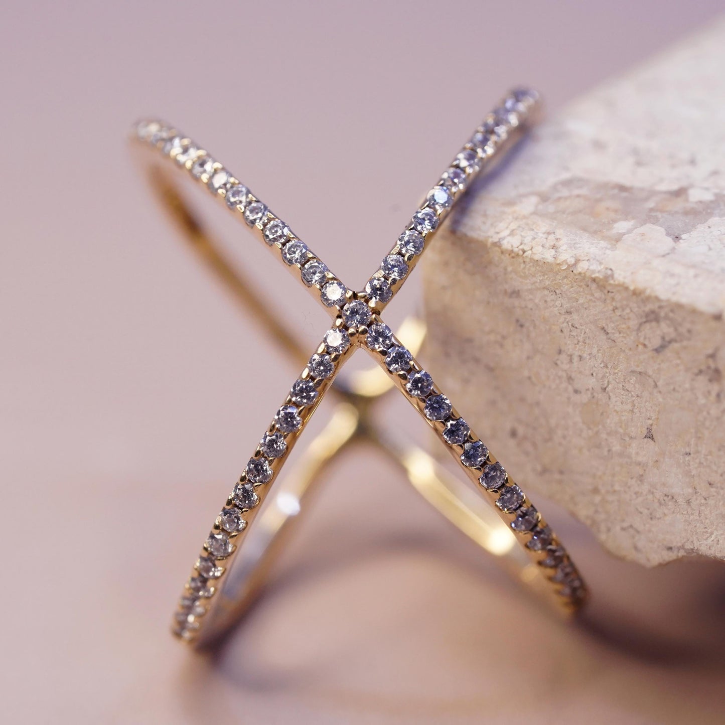 Size 10.5, yellow gold plated sterling 925 silver ring cluster Cz, cross band