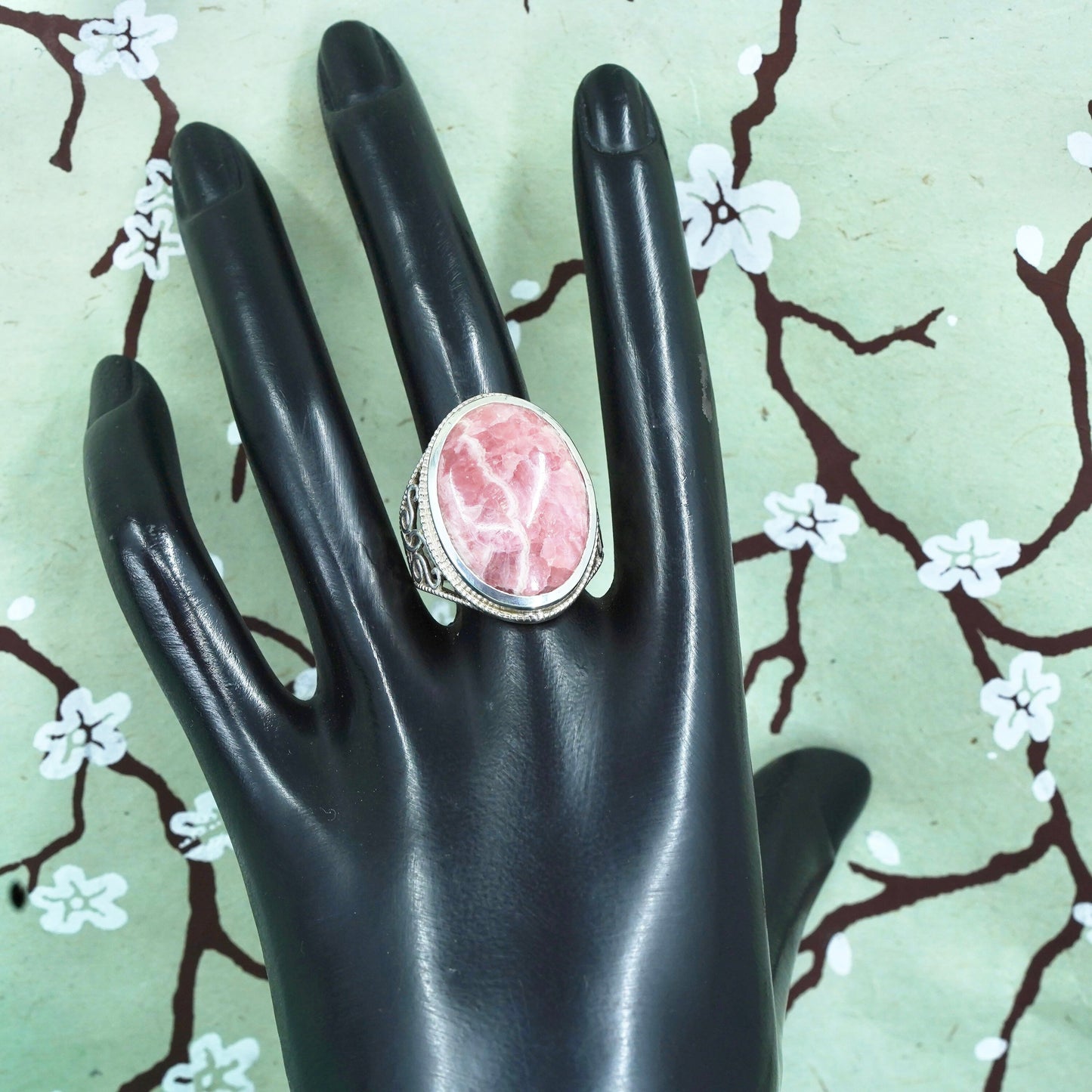 Size 9, Vintage sterling silver ring, filigree 925 ring pink Rhodochrosite