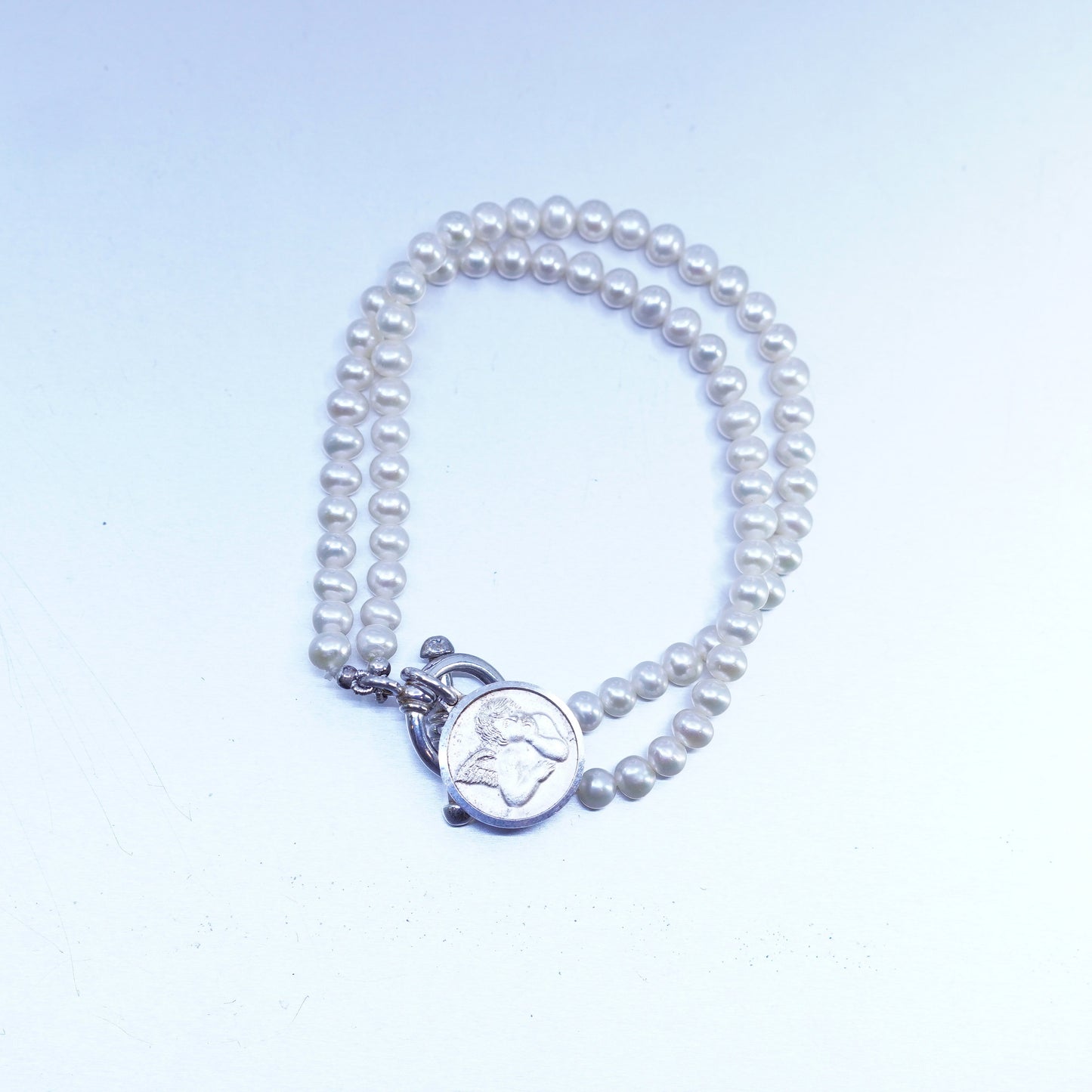 7.25”, RM Sterling 925 silver bracelet freshwater pearl beads and Angel tag