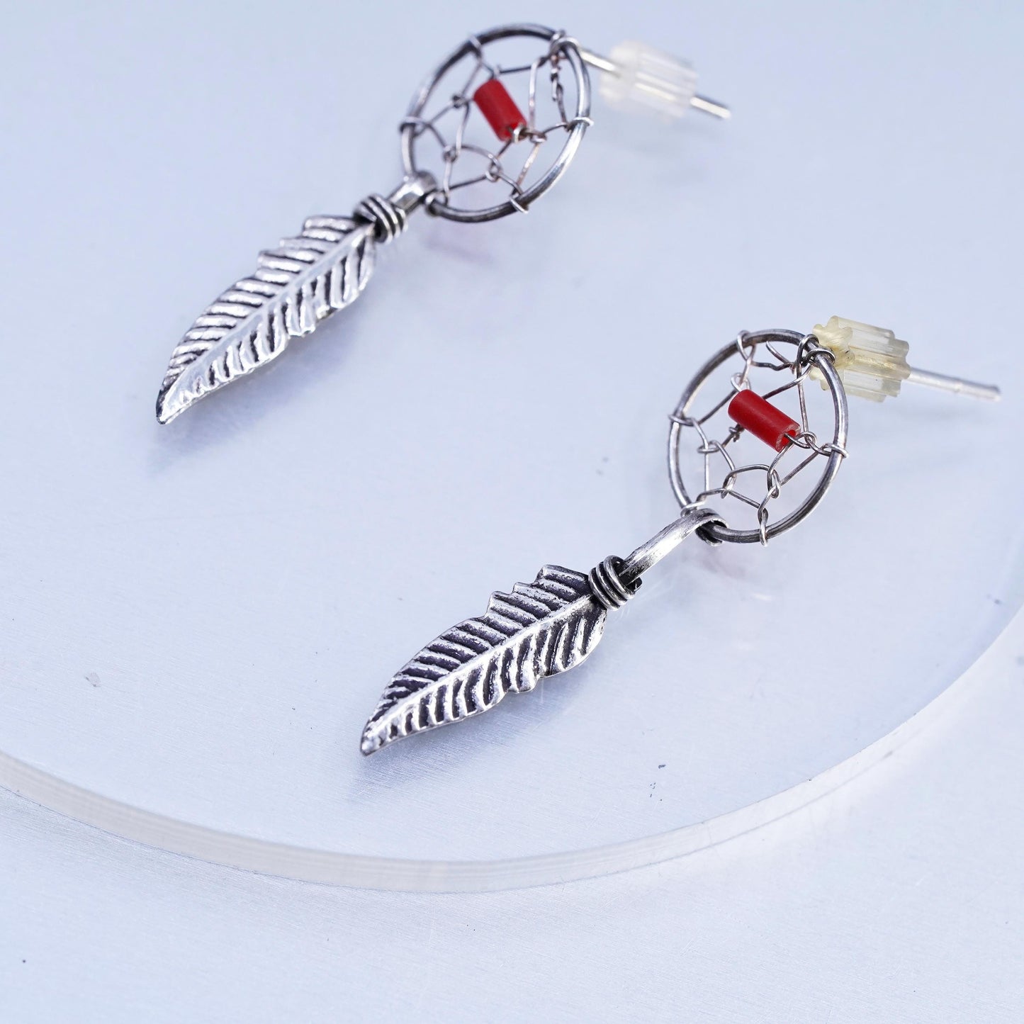 VTG Navajo Native American Sterling 925 silver earrings coral feather dangles