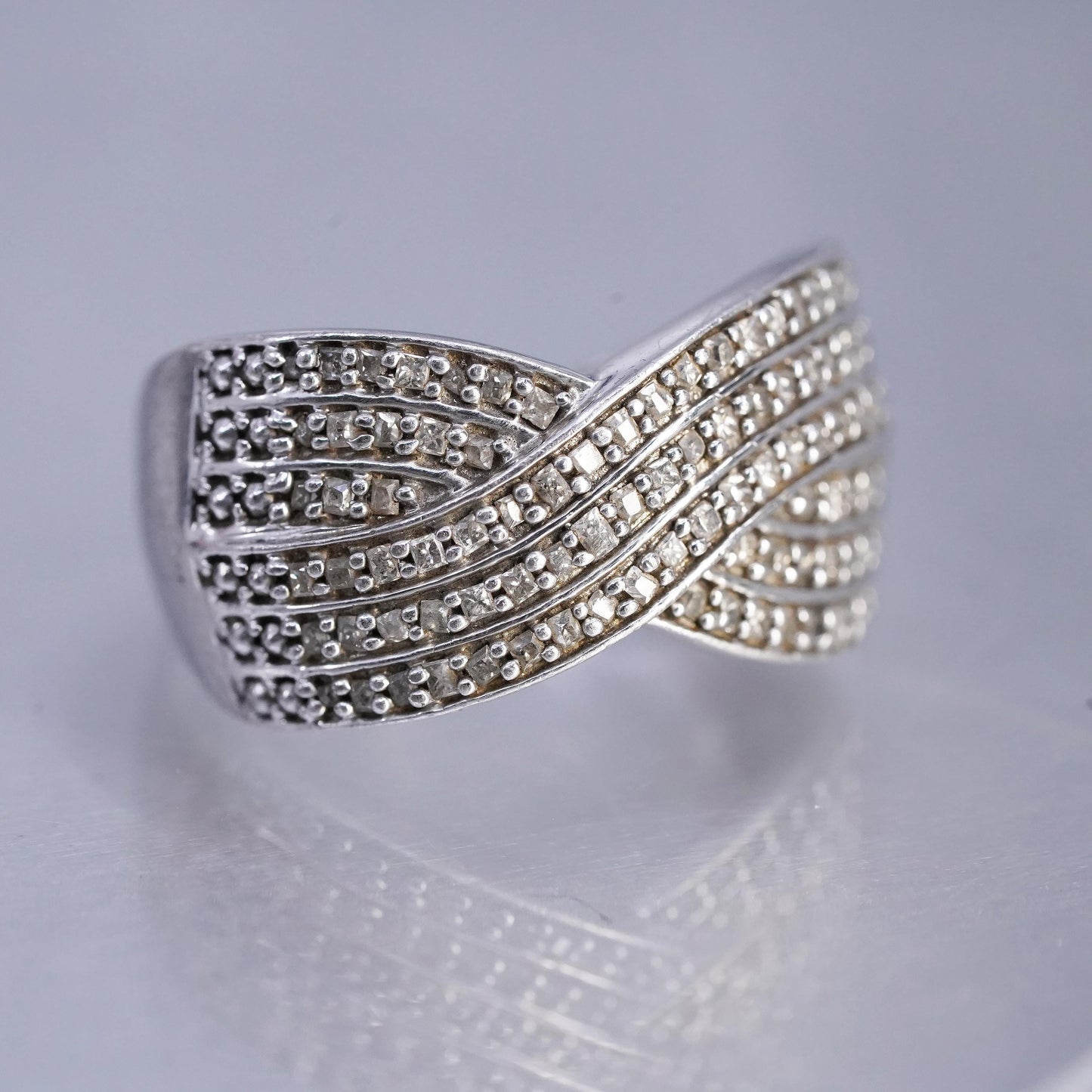 Size 8.25, vintage Sterling 925 silver band ring with cluster genuine diamonds