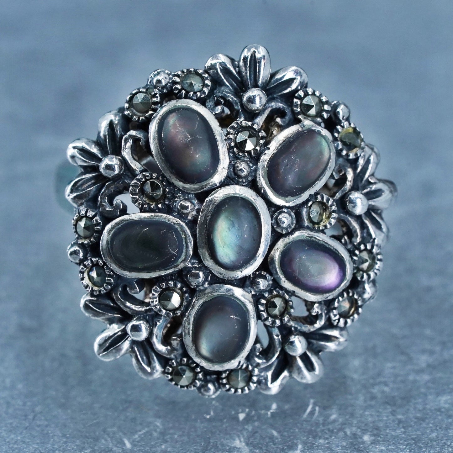 Size 8, southwestern 925 silver ring with abalone and marcasite floral details