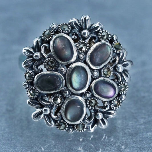 Size 8, southwestern 925 silver ring with abalone and marcasite floral details