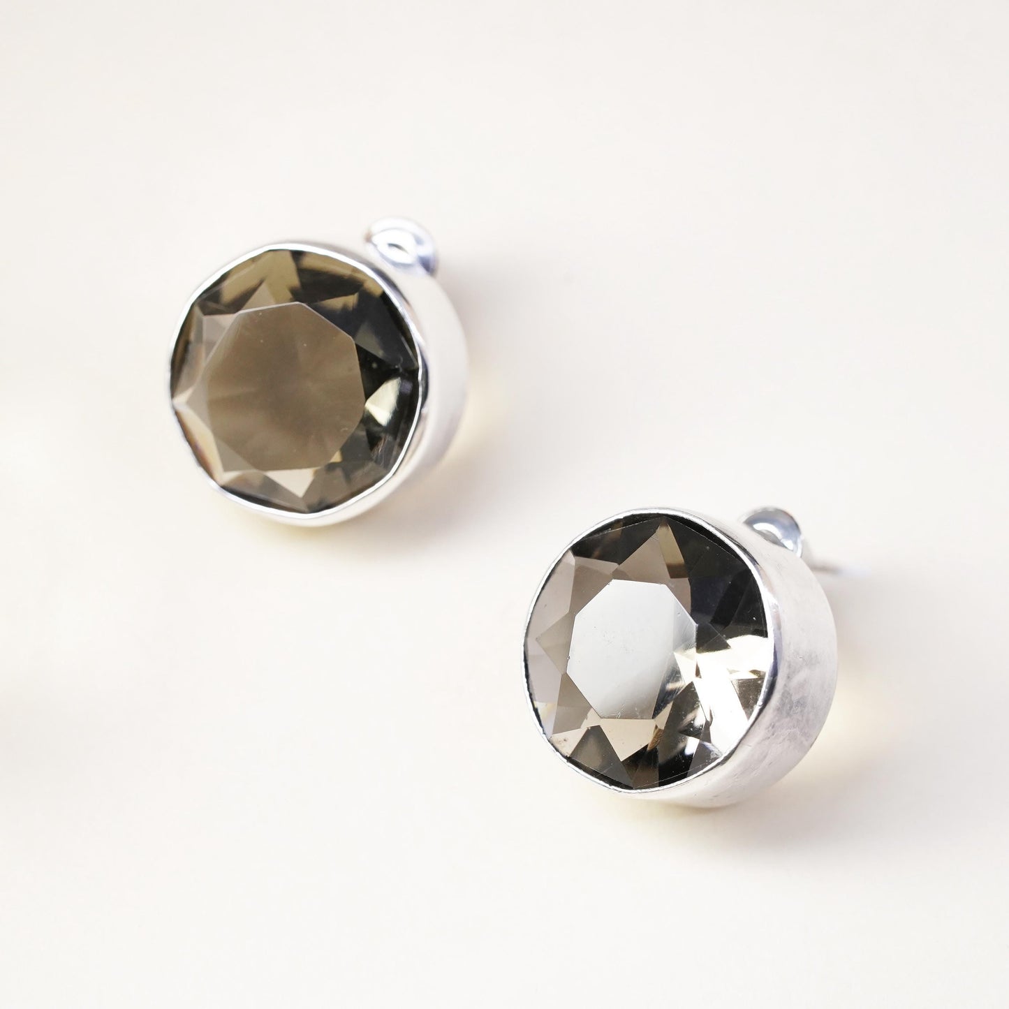 0.5”, Vintage sterling silver smoky quartz circle studs, fashion minimalist earrings