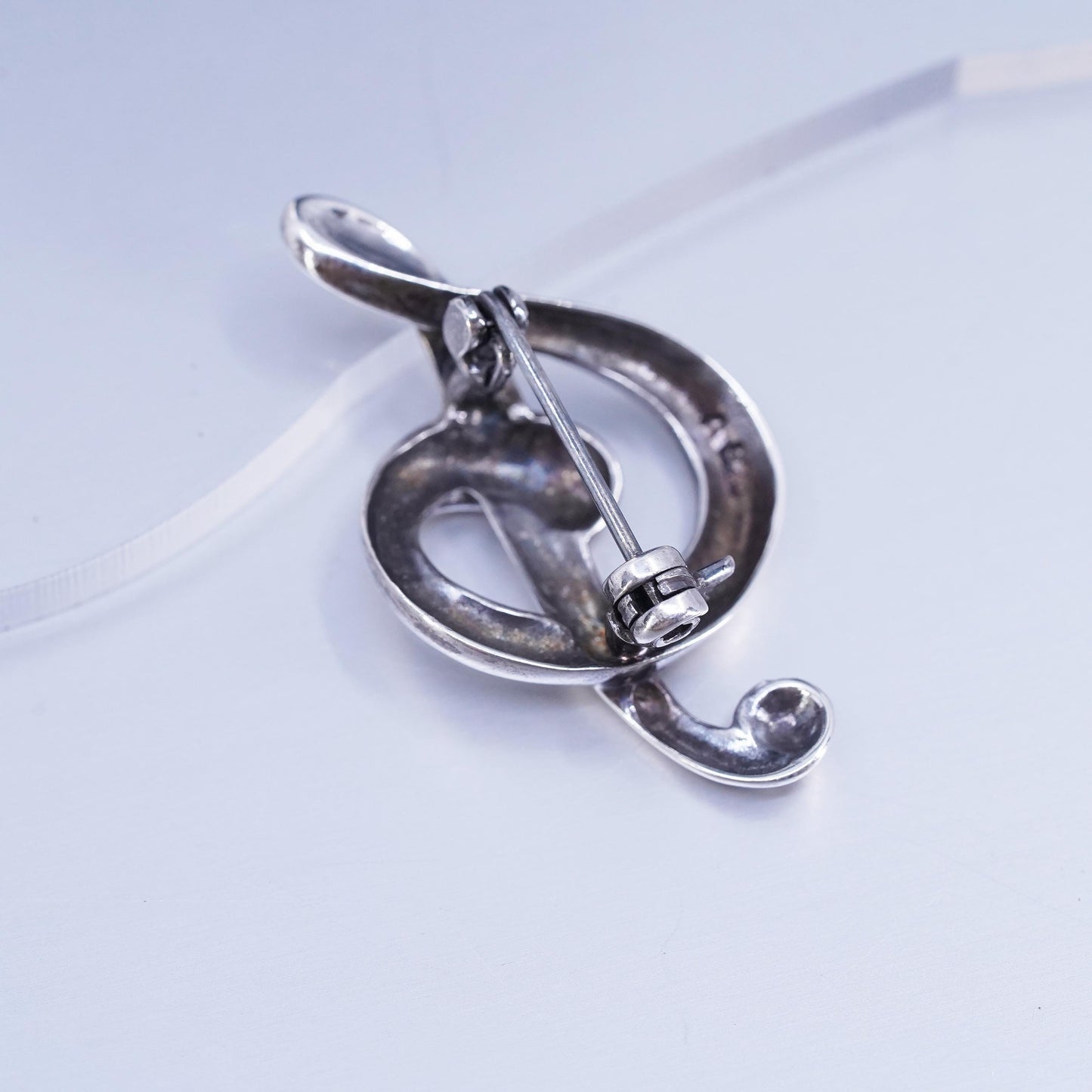 Vintage sterling silver handmade brooch, modern 925 music note symbol pin
