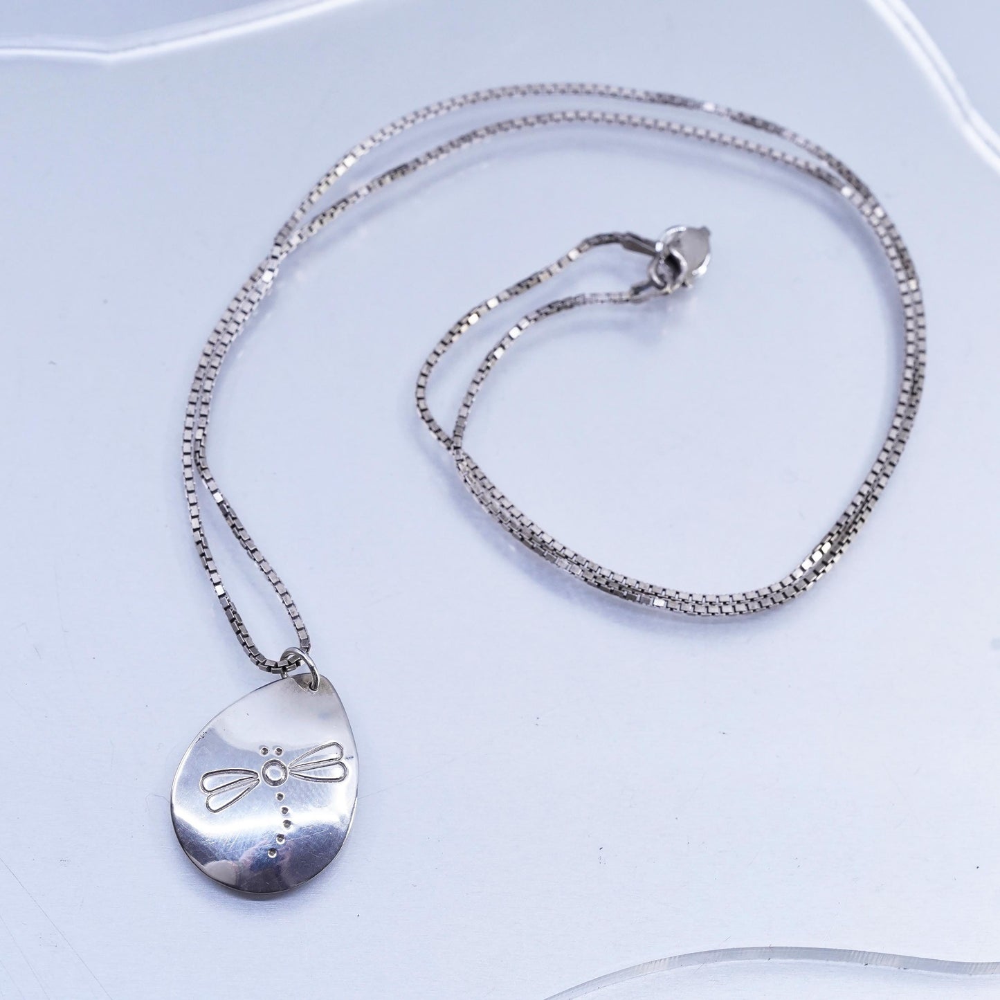 20", Italian sterling 925 silver box necklace dragonfly teardrop tag pendant