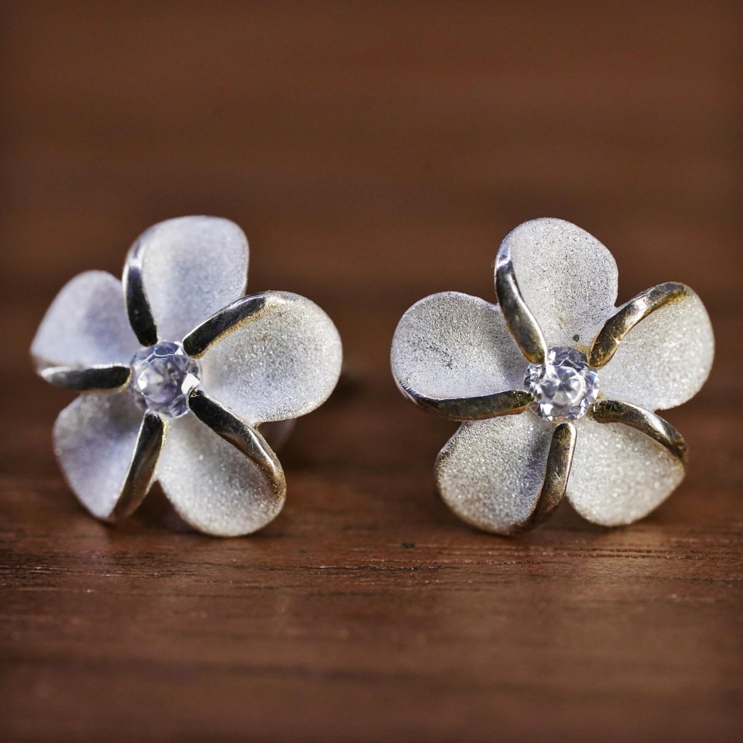Vintage Sterling silver handmade earrings, 925 plumeria flower studs with cz