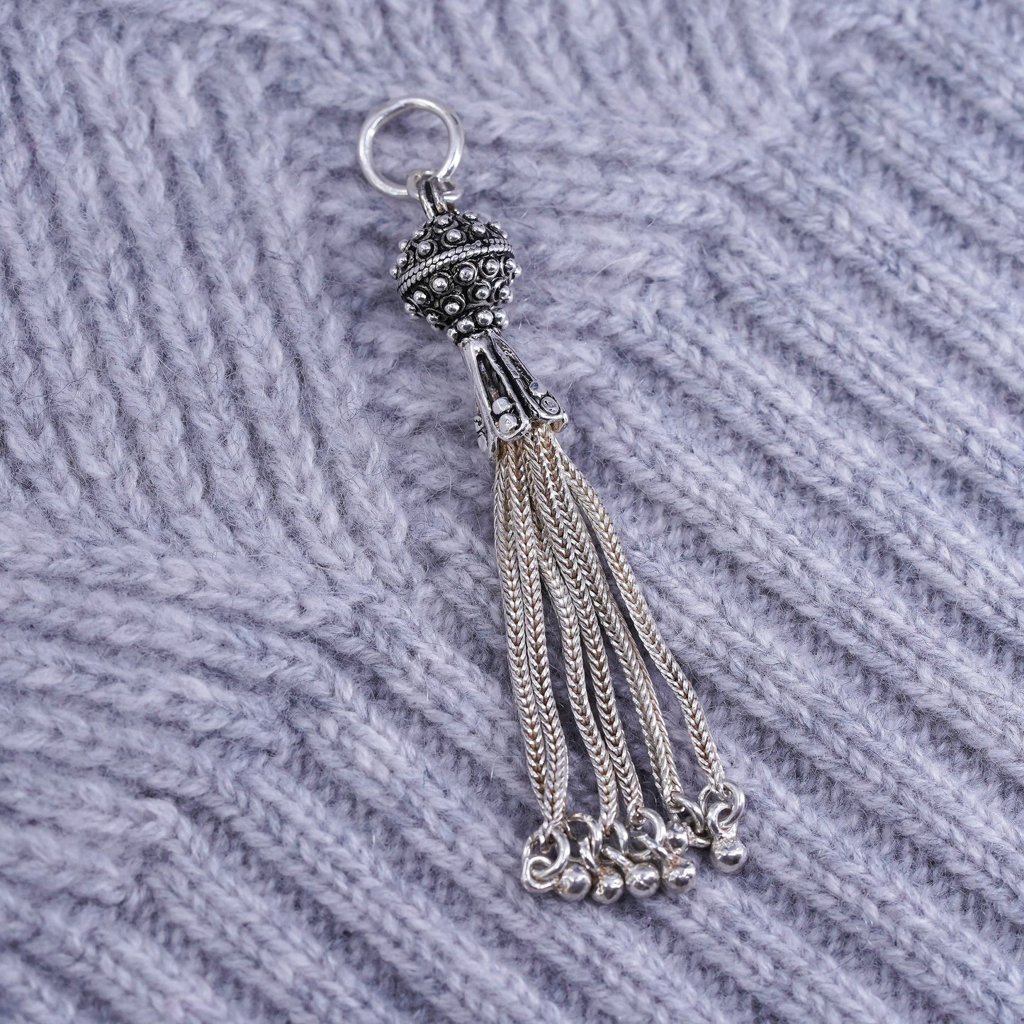Sterling silver handmade pendant, 925 filigree bead ball with fringe dangles