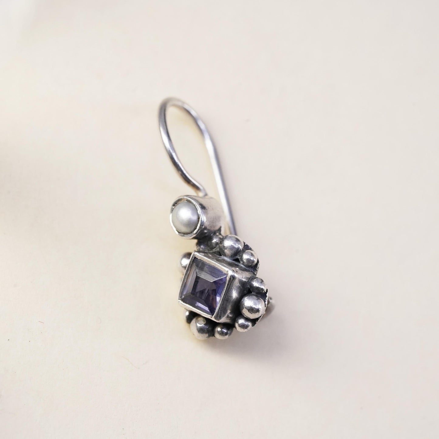 Vintage sterling 925 silver handmade single 1 earring with amethyst and pearl