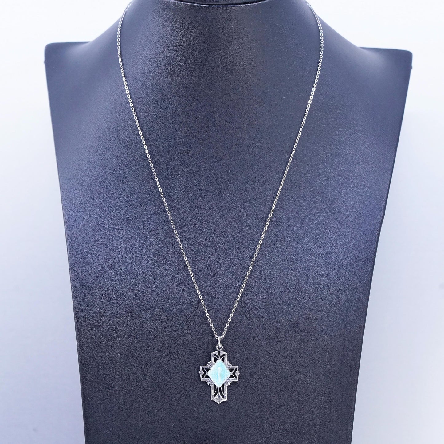 18", Sterling 925 silver circle necklace blue enamel cz pendant Virgin Mary