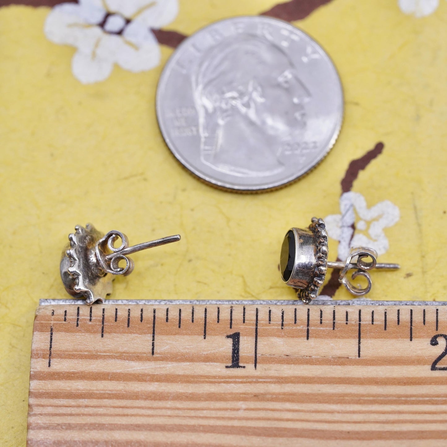 Vintage Sterling 925 silver handmade oval studs earrings smoky quartz and beads