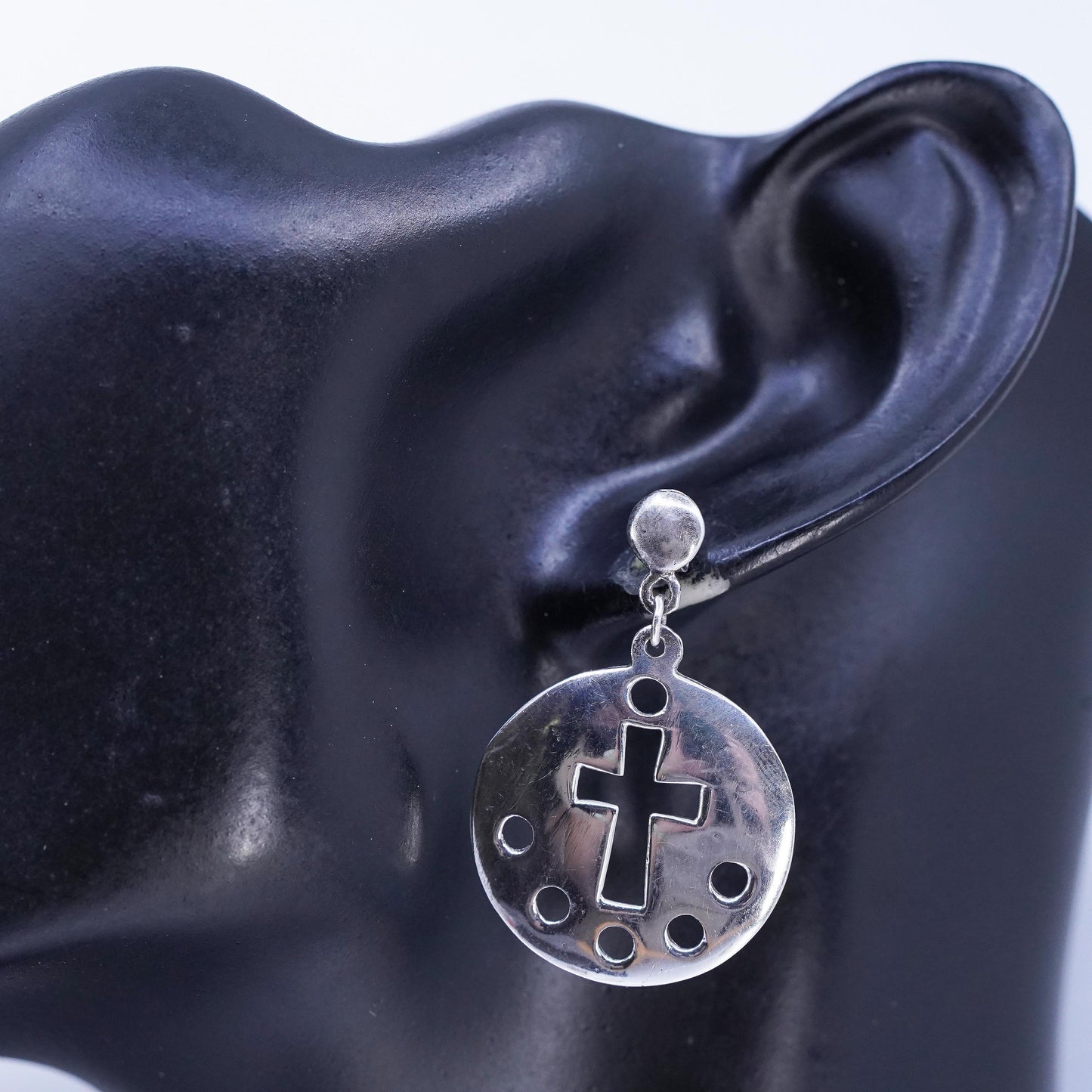 Vintage Sterling 925 silver handmade cross cut out disc earrings