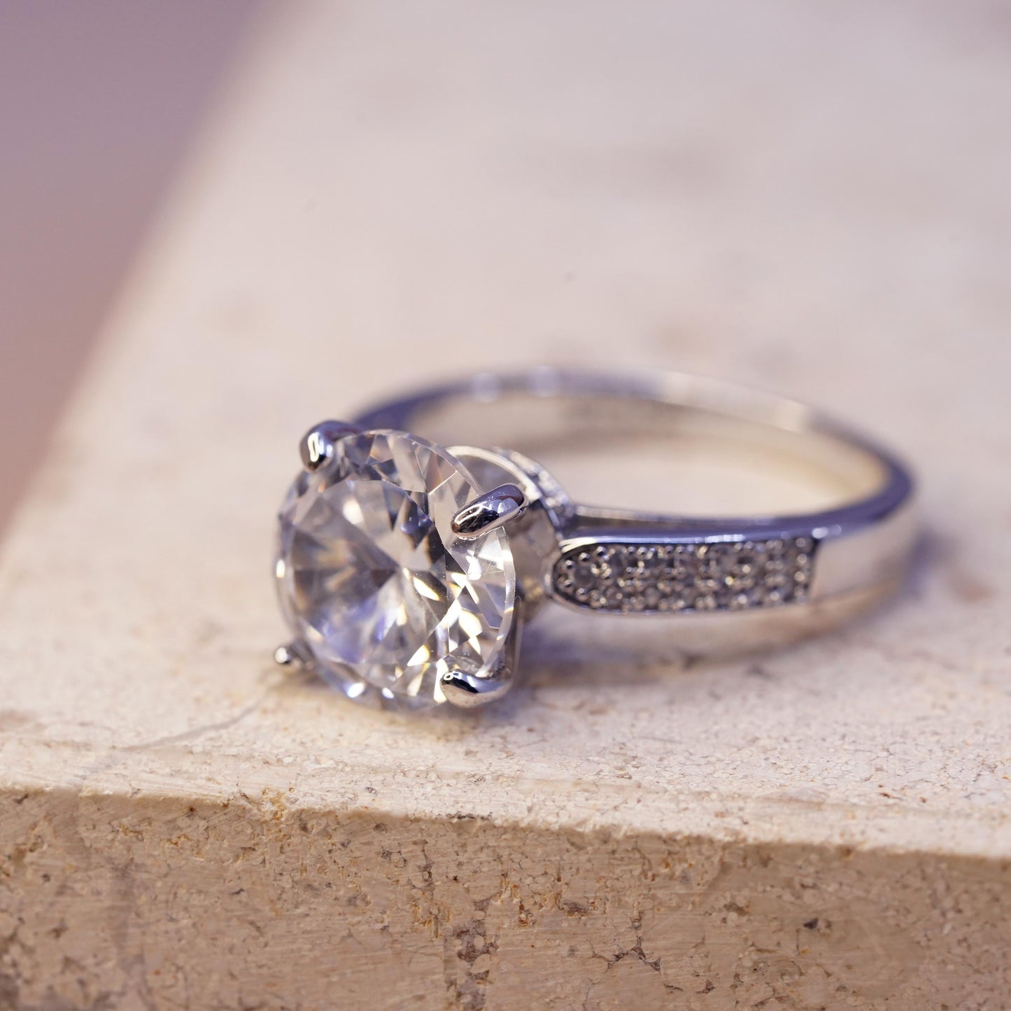 Size 7, vintage Sterling 925 silver engagement ring with cluster Cz around
