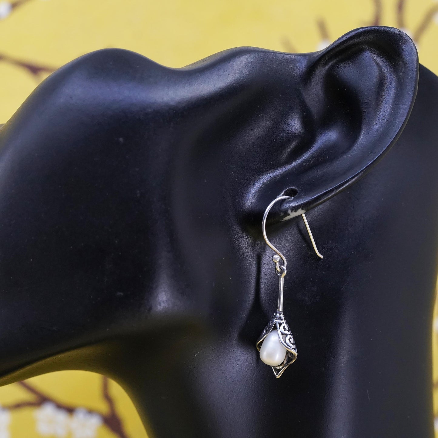 Sterling silver handmade earrings, 925 filigree teardrop drops with pearl