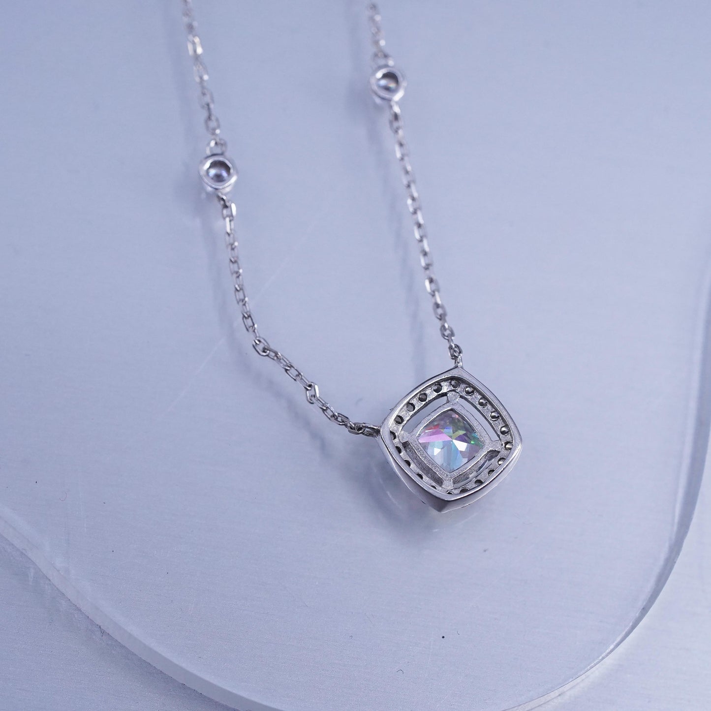 16+2”, vintage Sterling 925 silver circle necklace with cz square pendant
