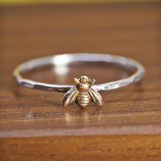 Size 11.5, VTG two tone Sterling silver handmade ring, 925 bee stackable ring