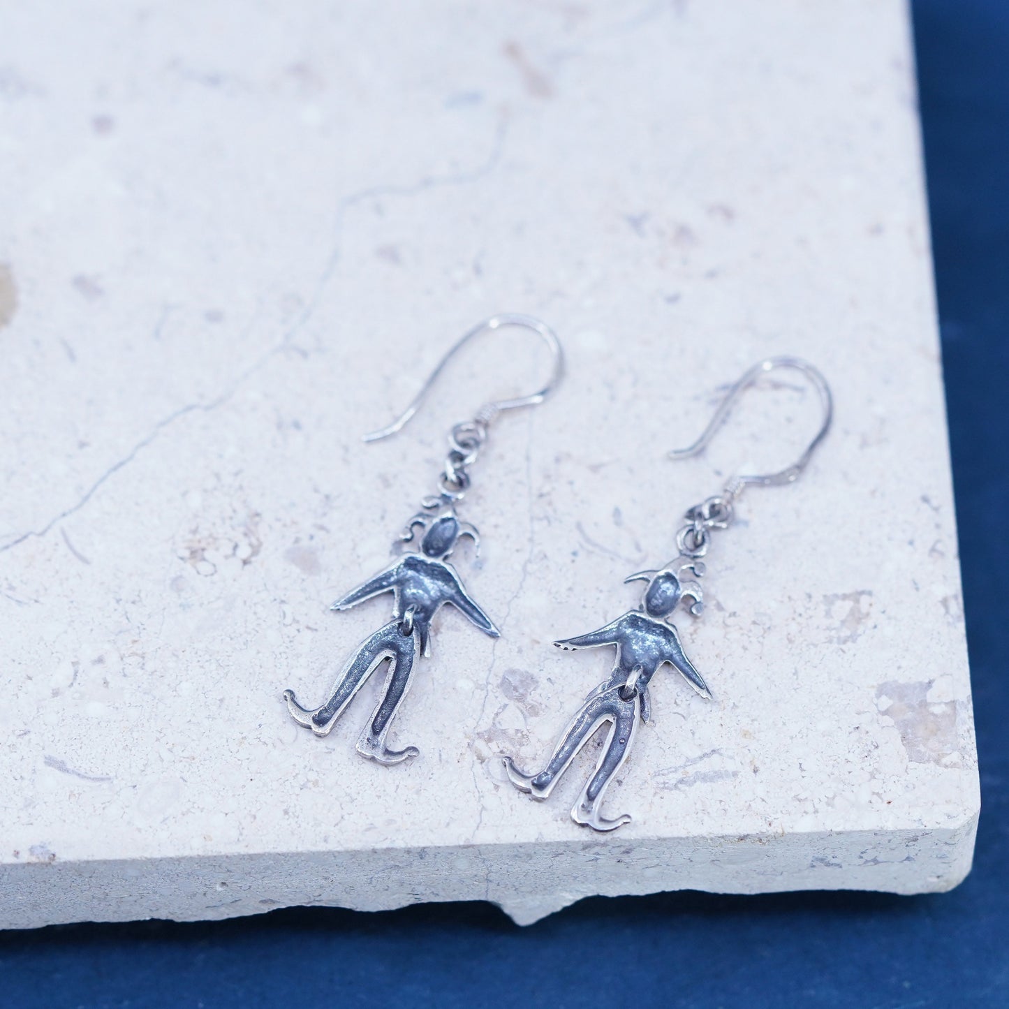 Vintage sterling silver handmade earrings, 925 joker clown dangles
