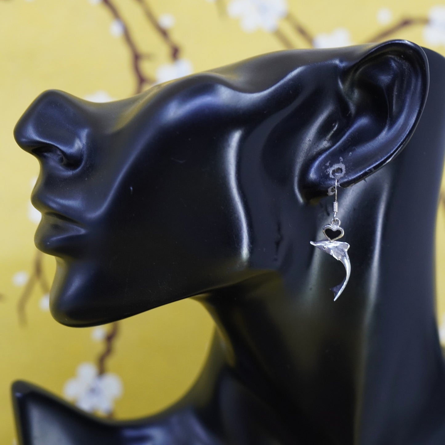 Vintage Sterling silver handmade earrings, 925 dolphin dangle w/ obsidian heart