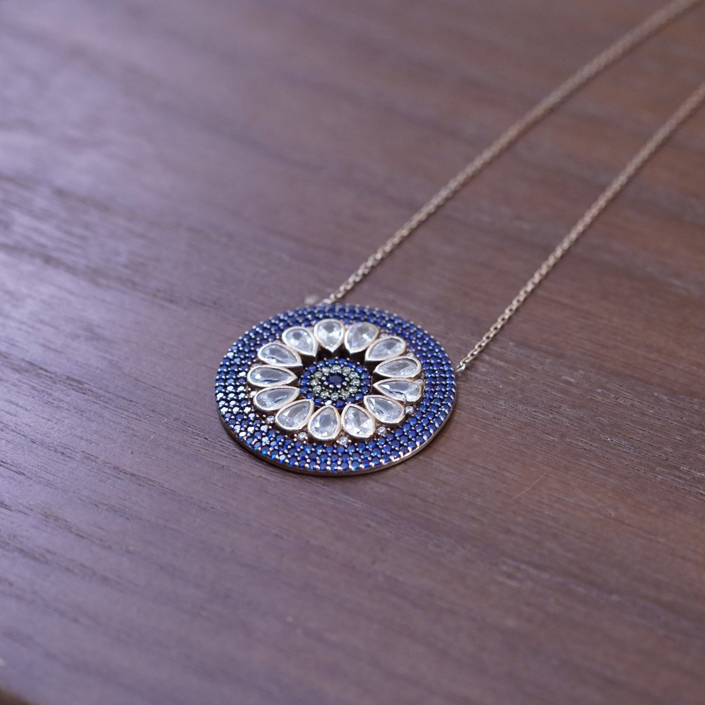 16+2”, vermeil gold Sterling silver necklace, 925 circle chain sapphire pendant