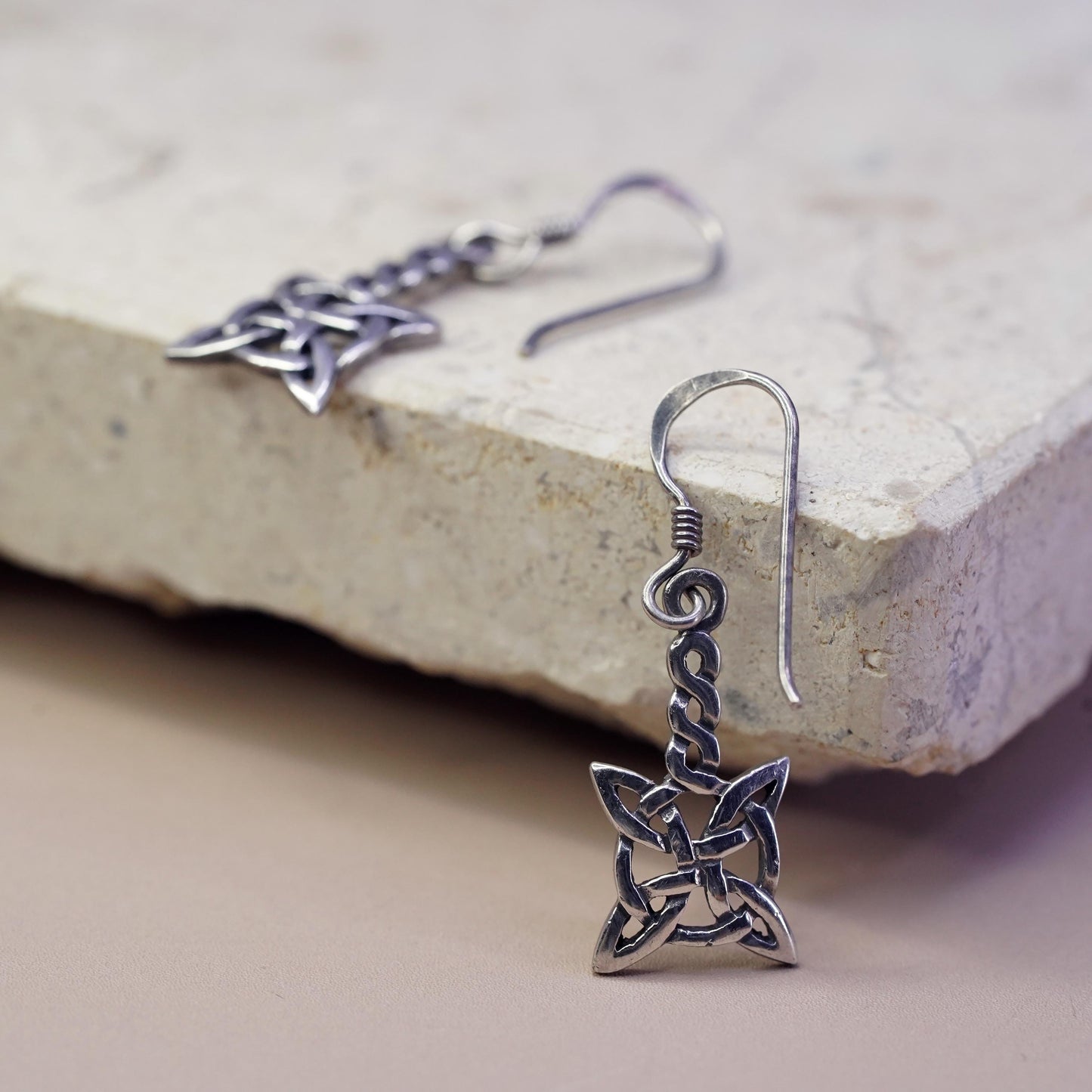 Vintage sterling silver handmade earrings, 925 celtic knot Irish drop
