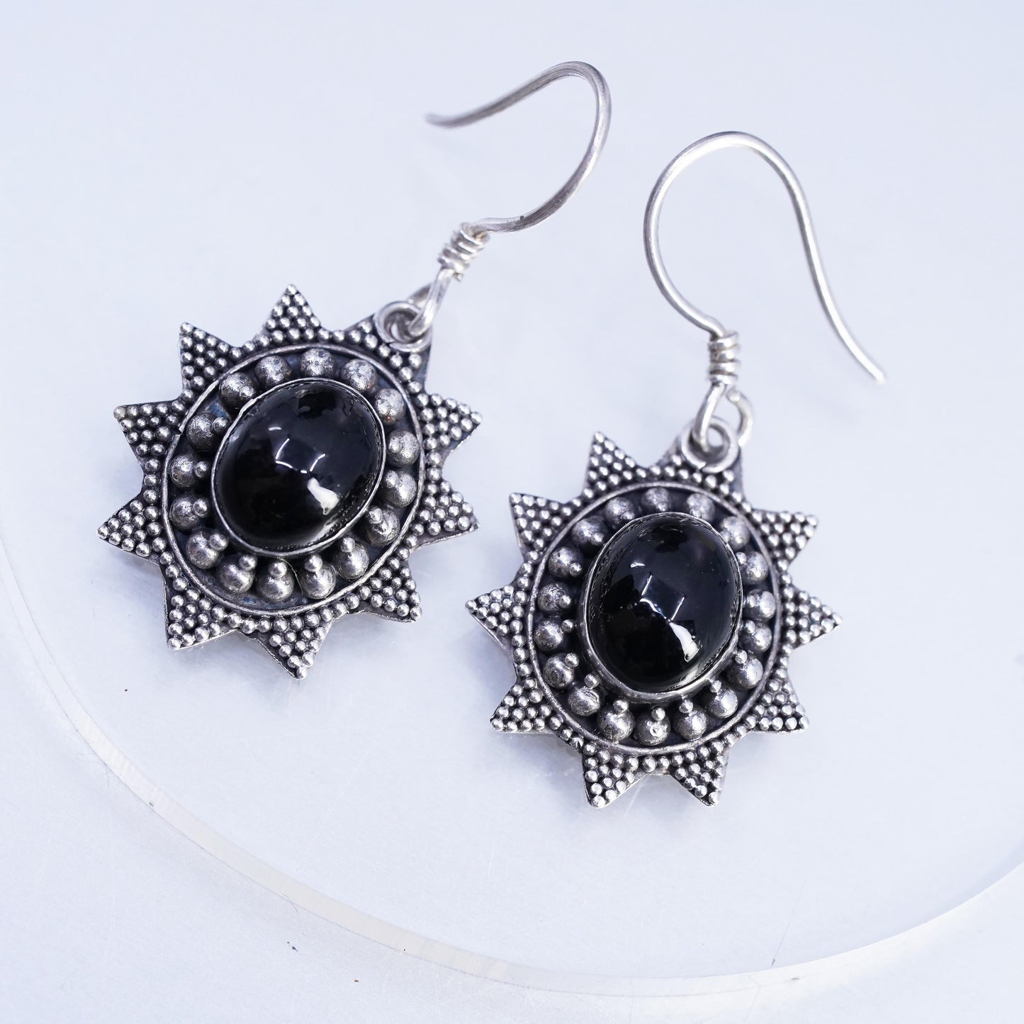 Vintage Sterling 925 silver handmade oval earrings with onyx and beads