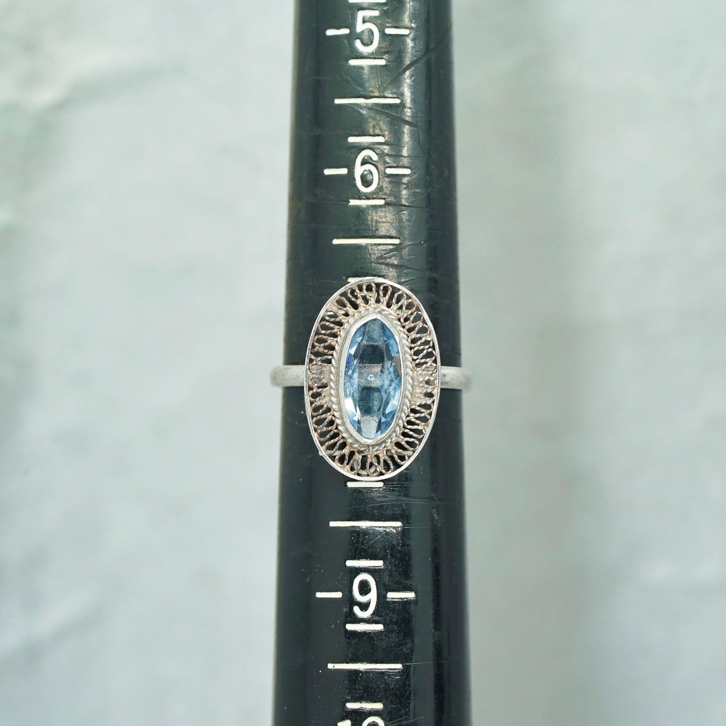 Size 7.5 vintage Sterling 925 silver handmade filigree ring with blue crystal