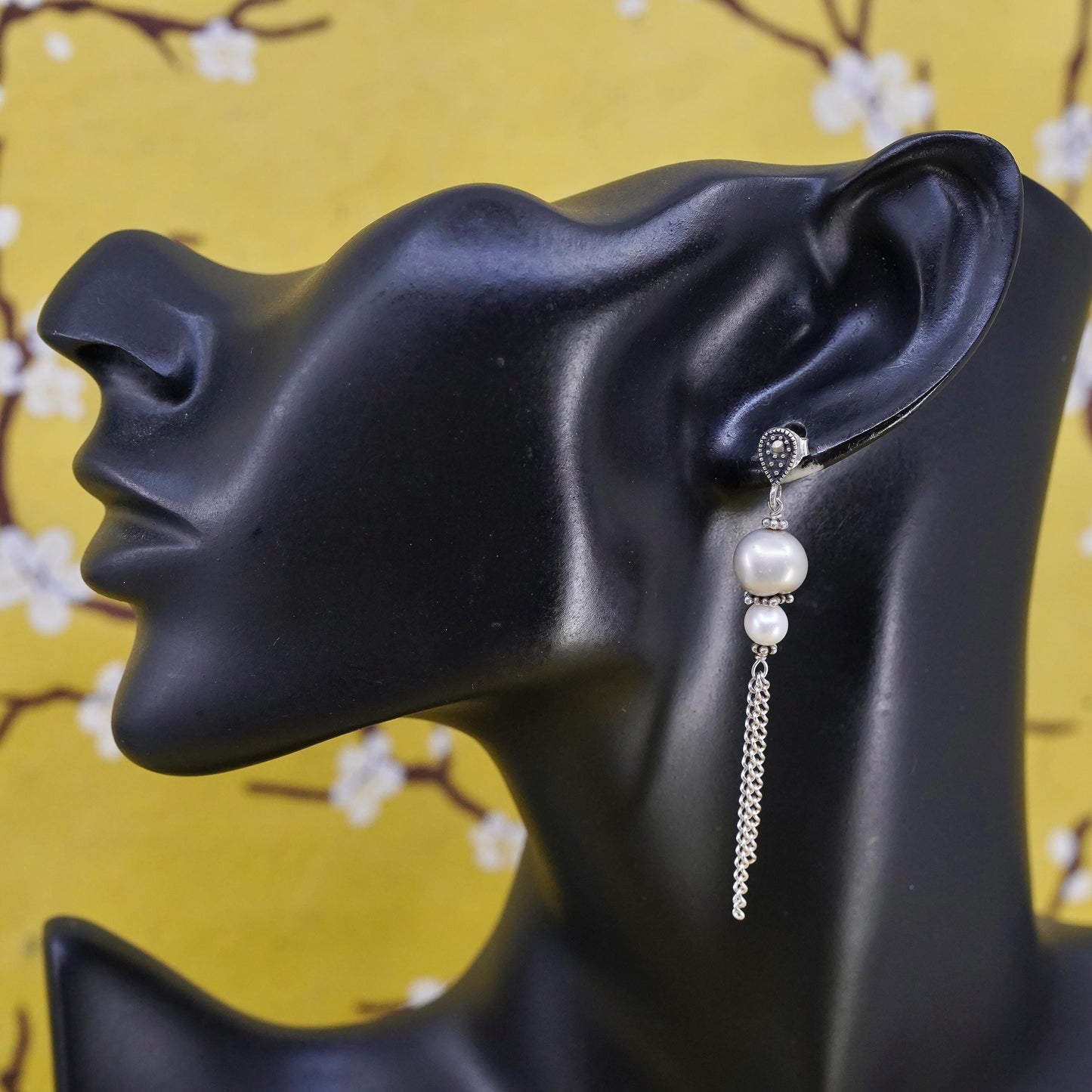 Sterling 925 silver long earrings, freshwater pearl beads marcasites chain