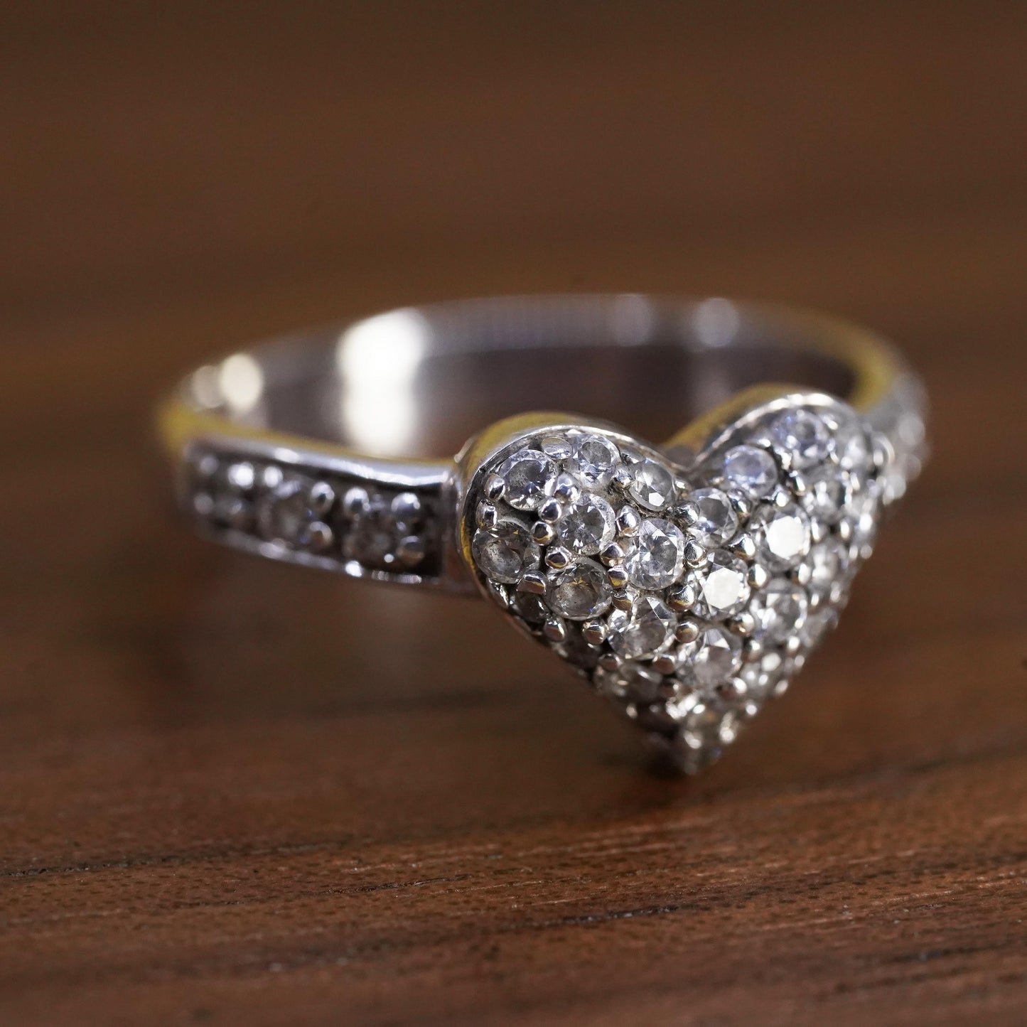 Size 6.5, vintage Sterling 925 silver heart ring with cluster cz