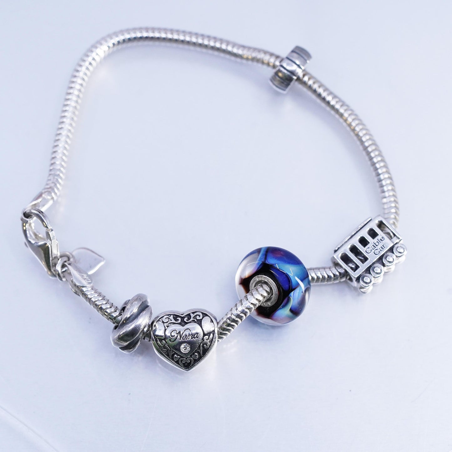 7.25", Michael Anthony Sterling 925 silver snake bracelet heart cable car charm