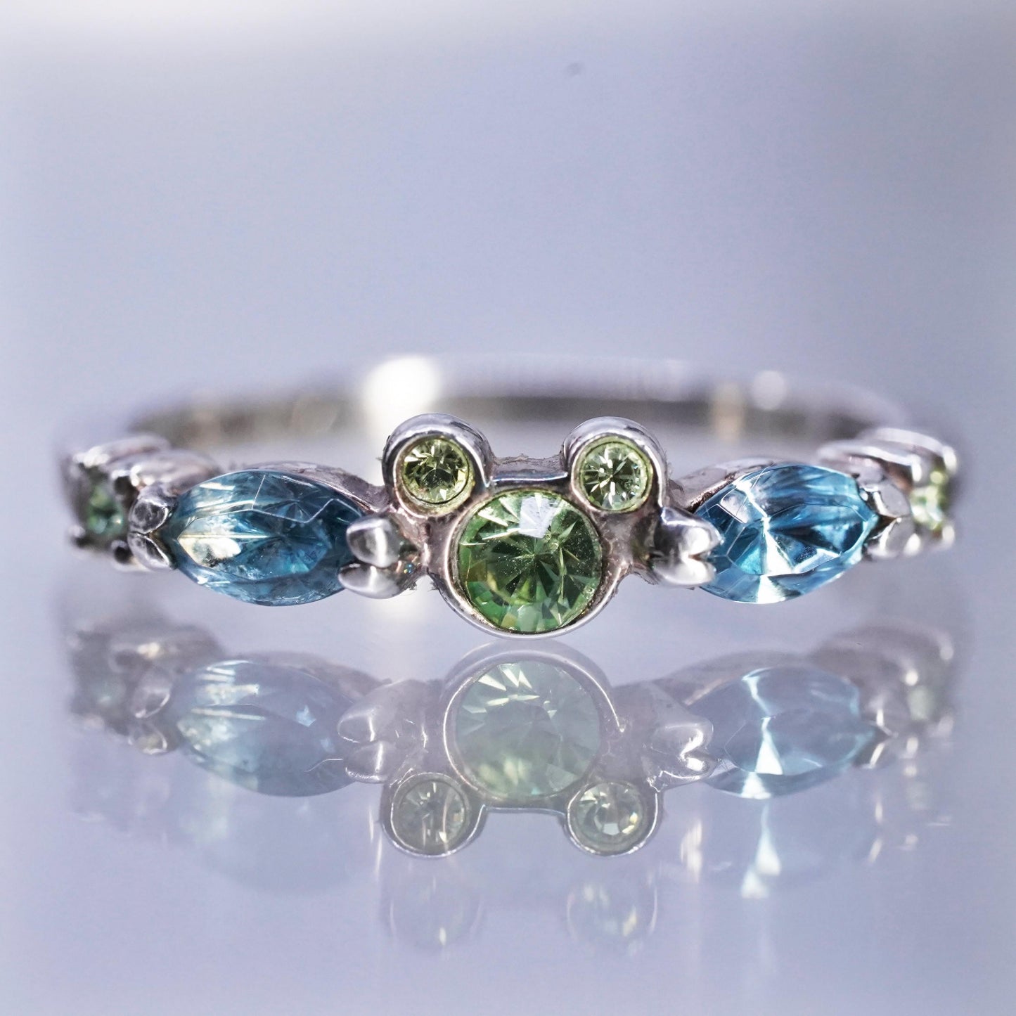 size 6.25, Disney Sterling Silver Ring 925 green blue crystal Mickey Mouse band