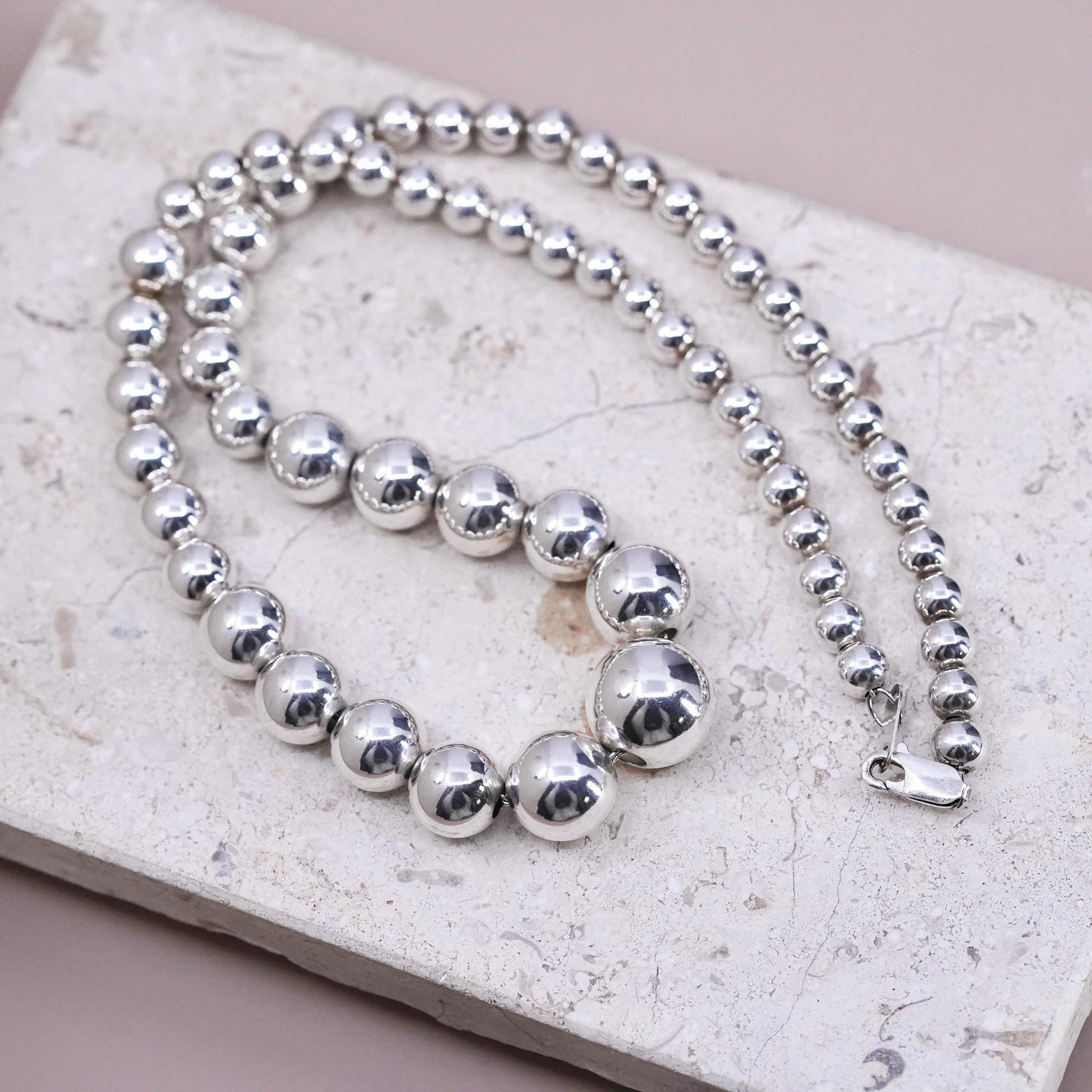 18”, vintage Sterling silver handmade necklace, 925 graduated beaded chain