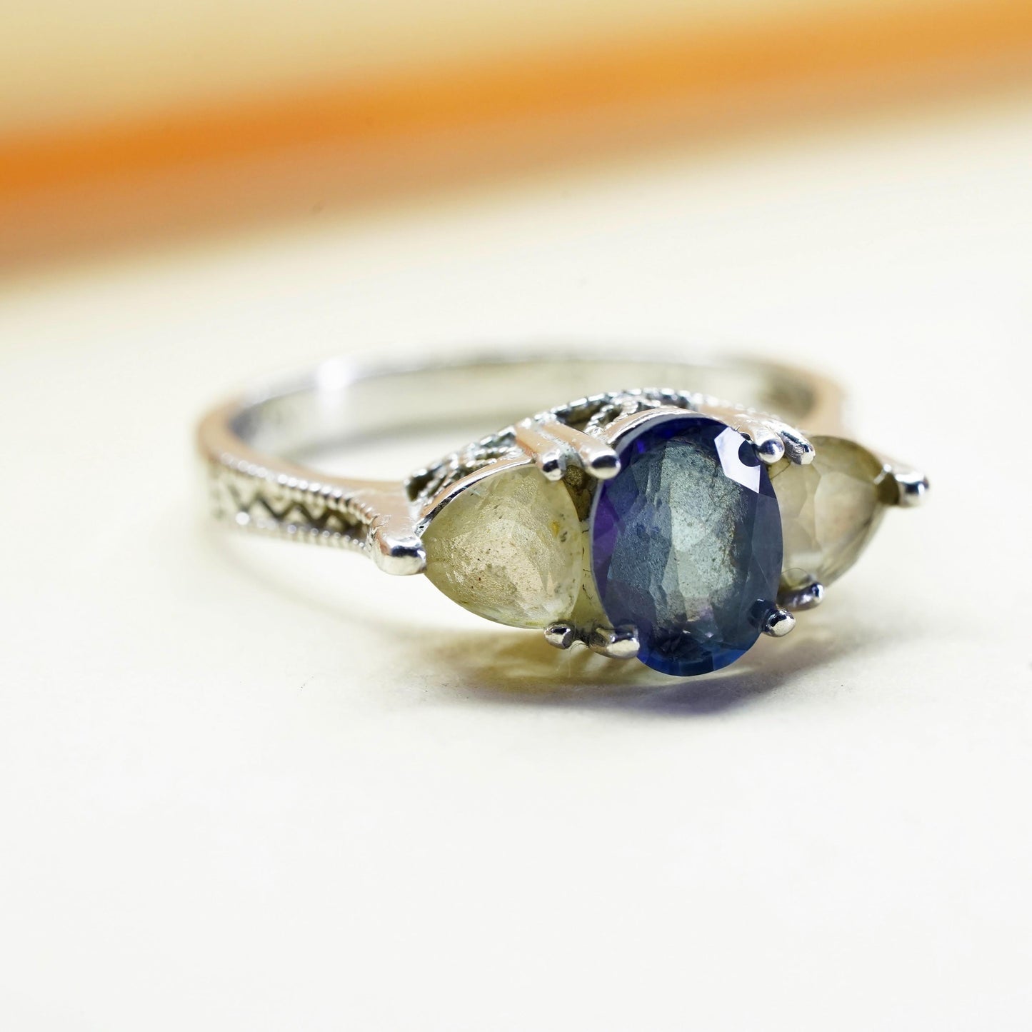 Size 8, vintage sterling 925 silver handmade ring with rainbow topaz and cz