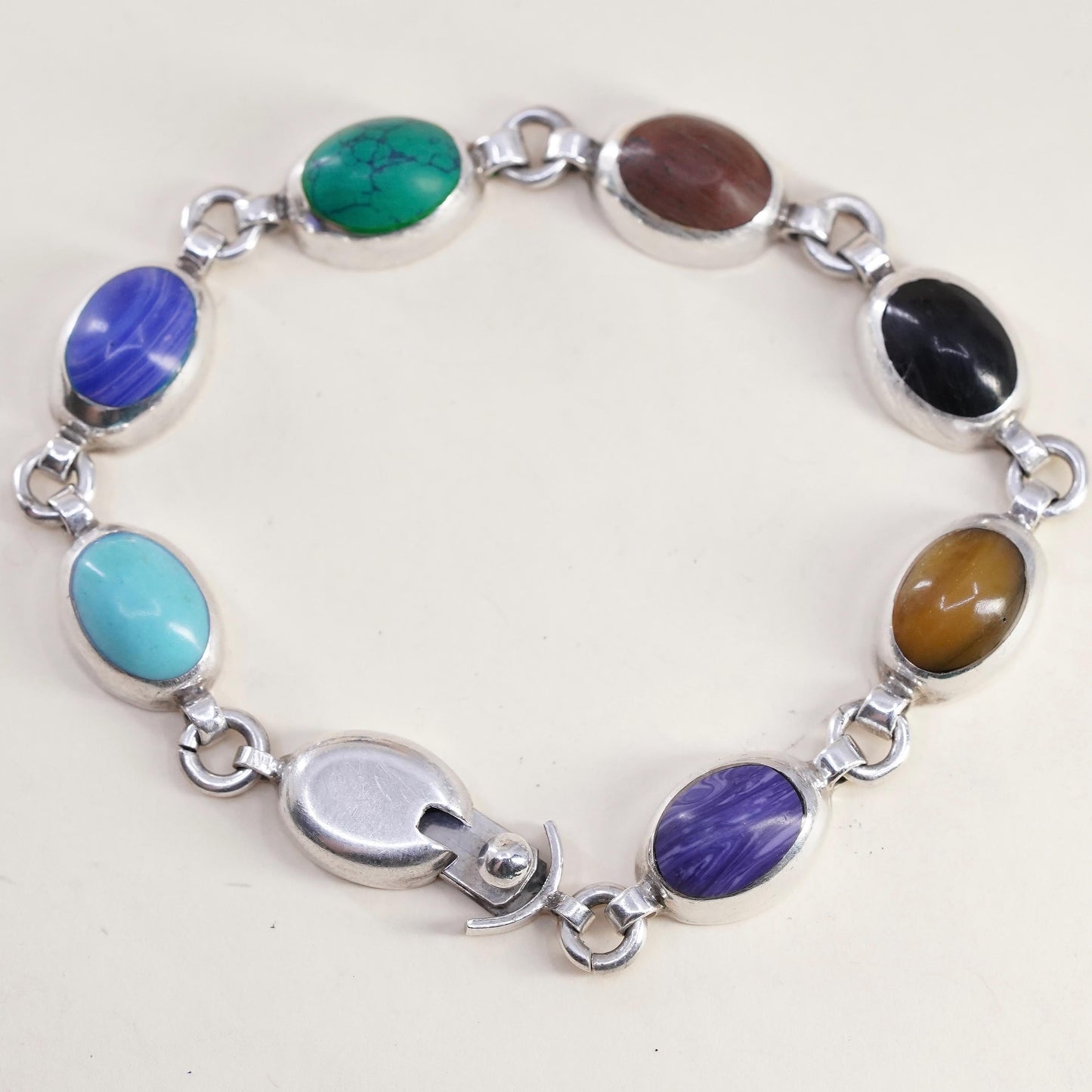 7” Sterling 925 Silver Multi Gemstone Bracelet, Turquoise Tiger Eye Agate Onyx