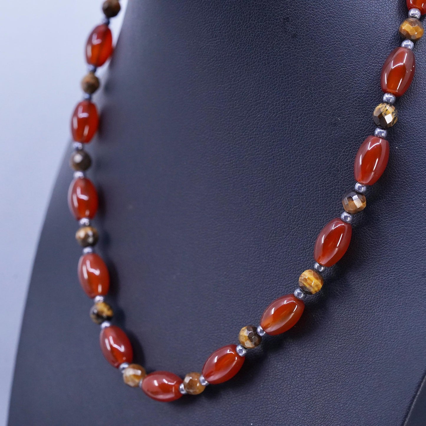 16+2", vintage Sterling 925 silver necklace w/ carnelian golden tiger eye beads