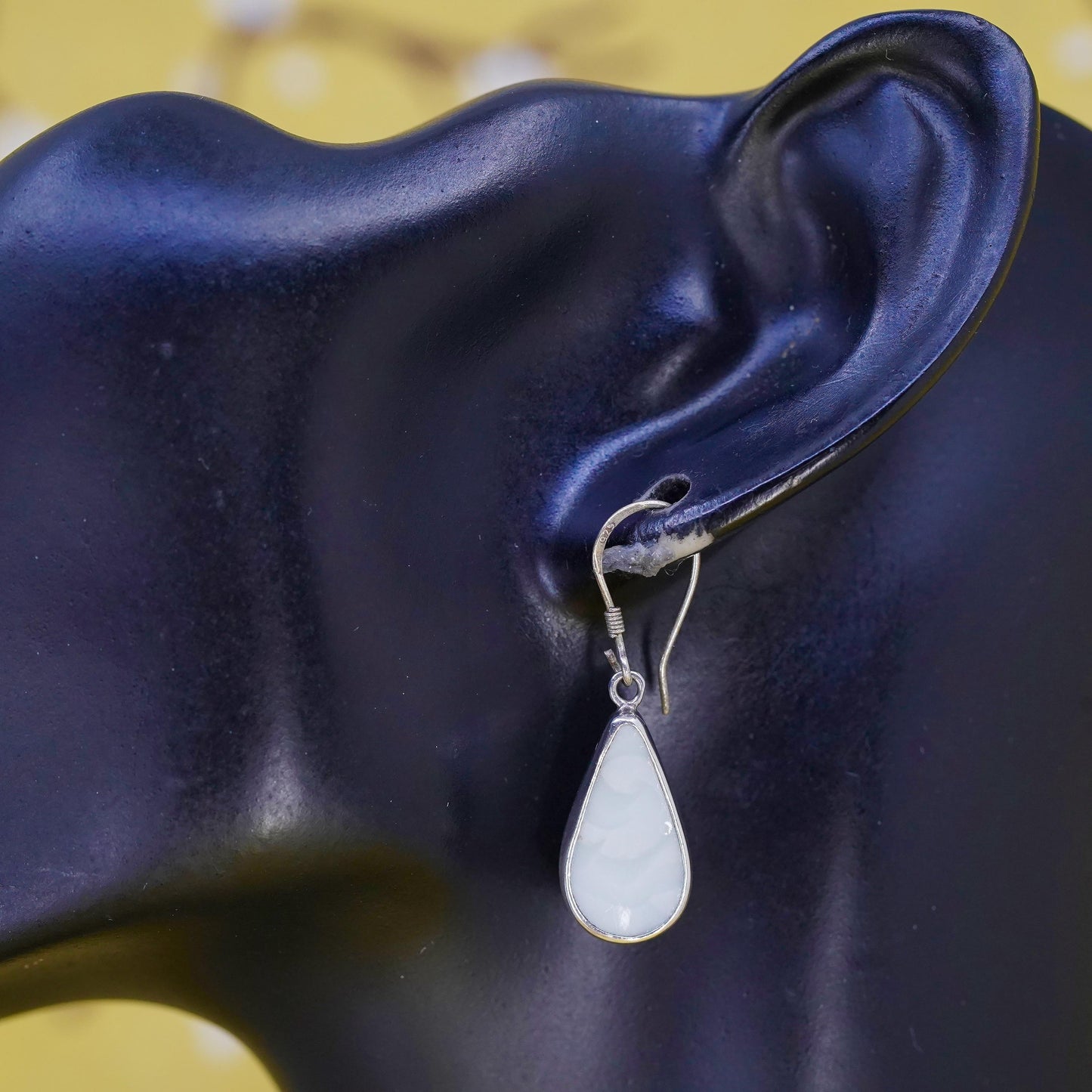Vintage sterling 925 silver handmade earrings, w/ teardrop white agate dangles