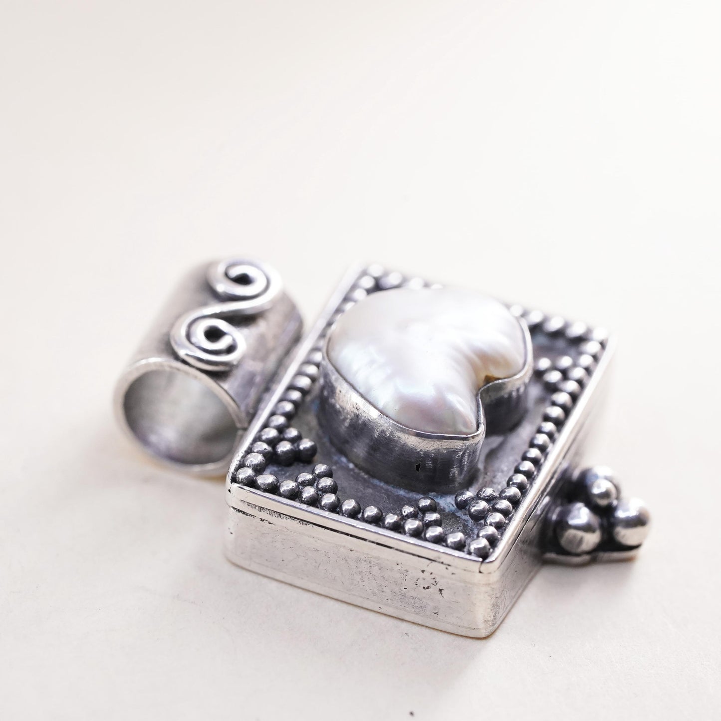 Vintage Sterling silver handmade pendant, 925 Bali square with heart pearl
