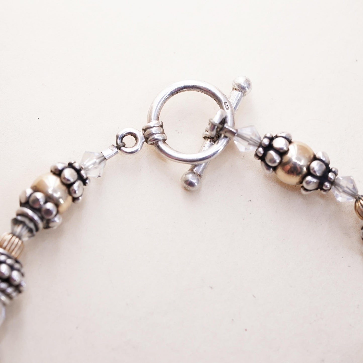 7", VTG handmade bracelet, clear crystal 14K yellow gold beads toggle closure