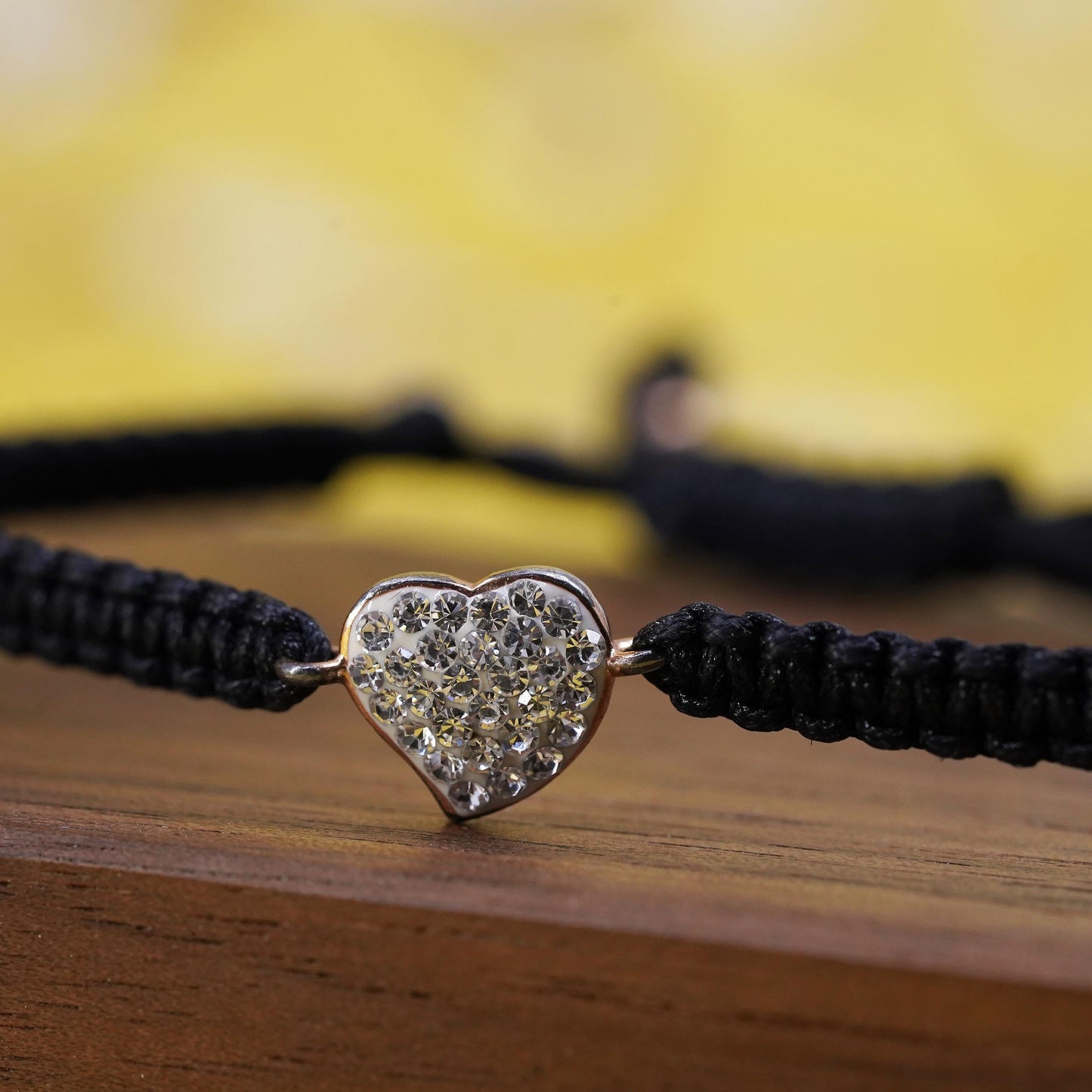 8", black linen thread bracelet with Sterling 925 silver heart charm cluster cz