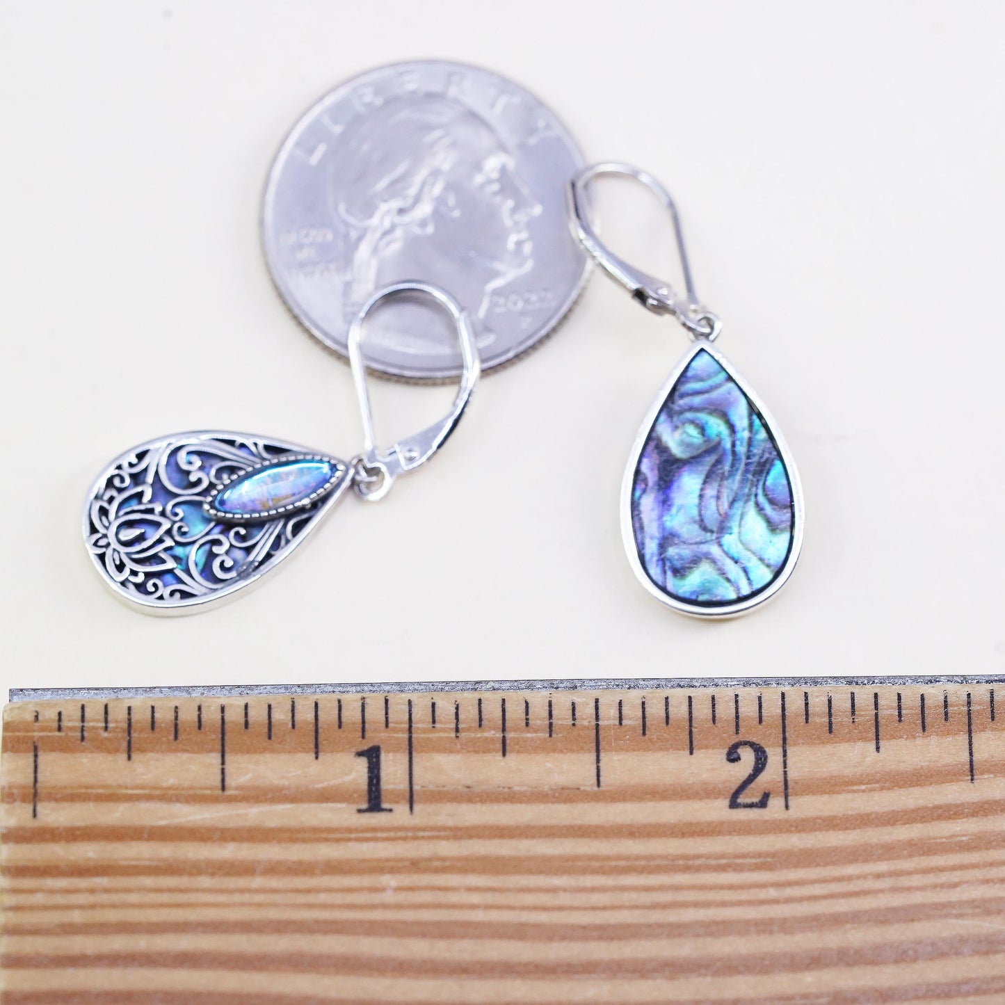 Vintage Mexico sterling 925 silver handmade teardrop earrings w/ abalone inlay