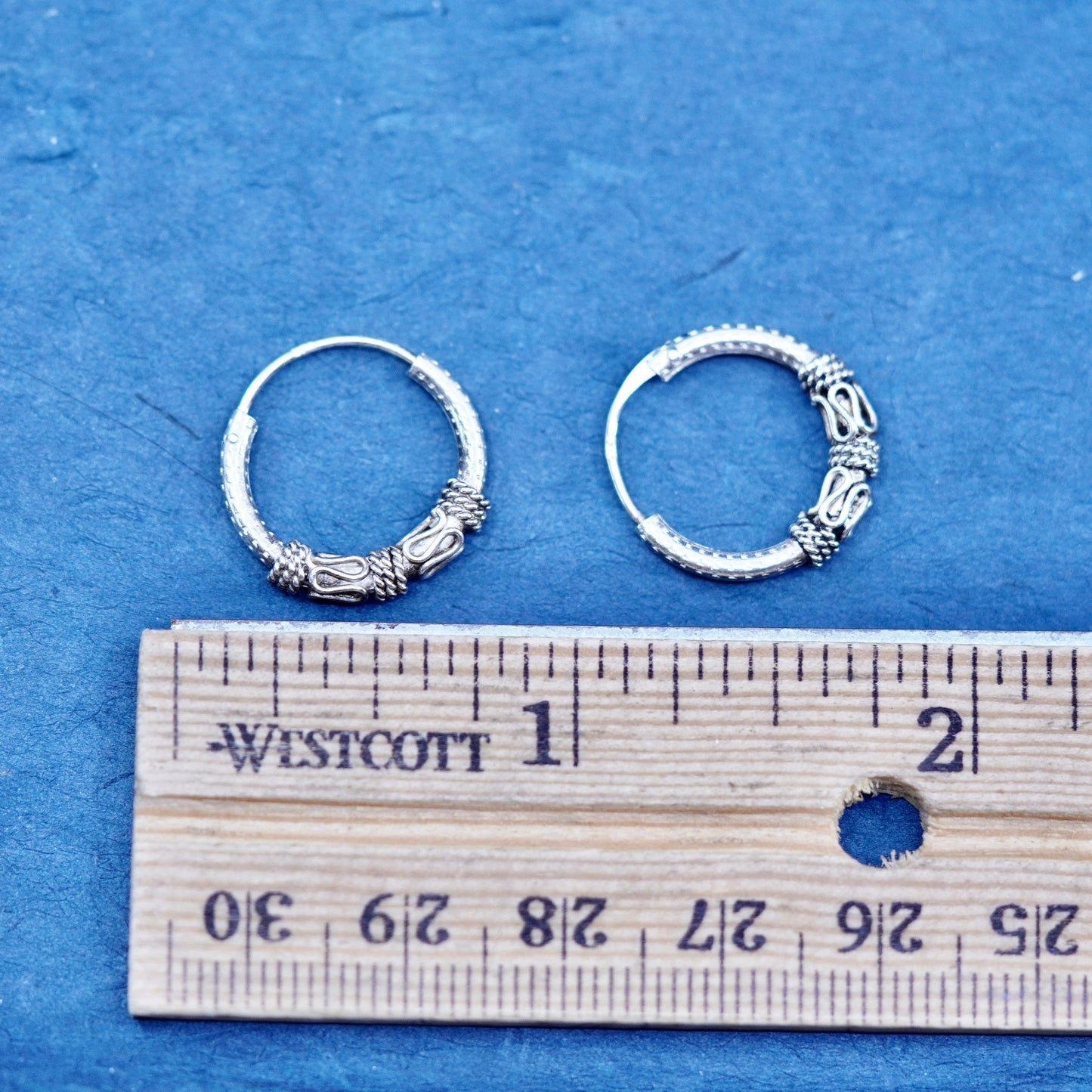 0.75”, Vtg Sterling silver handmade earrings, 925 textured hoops, huggie