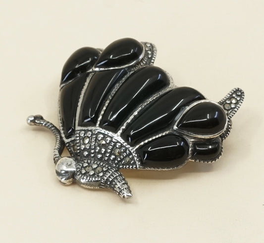 vintage Sterling silver handmade brooch, 925 silver butterfly pin with obsidian and marcasite inlay, stamped 925